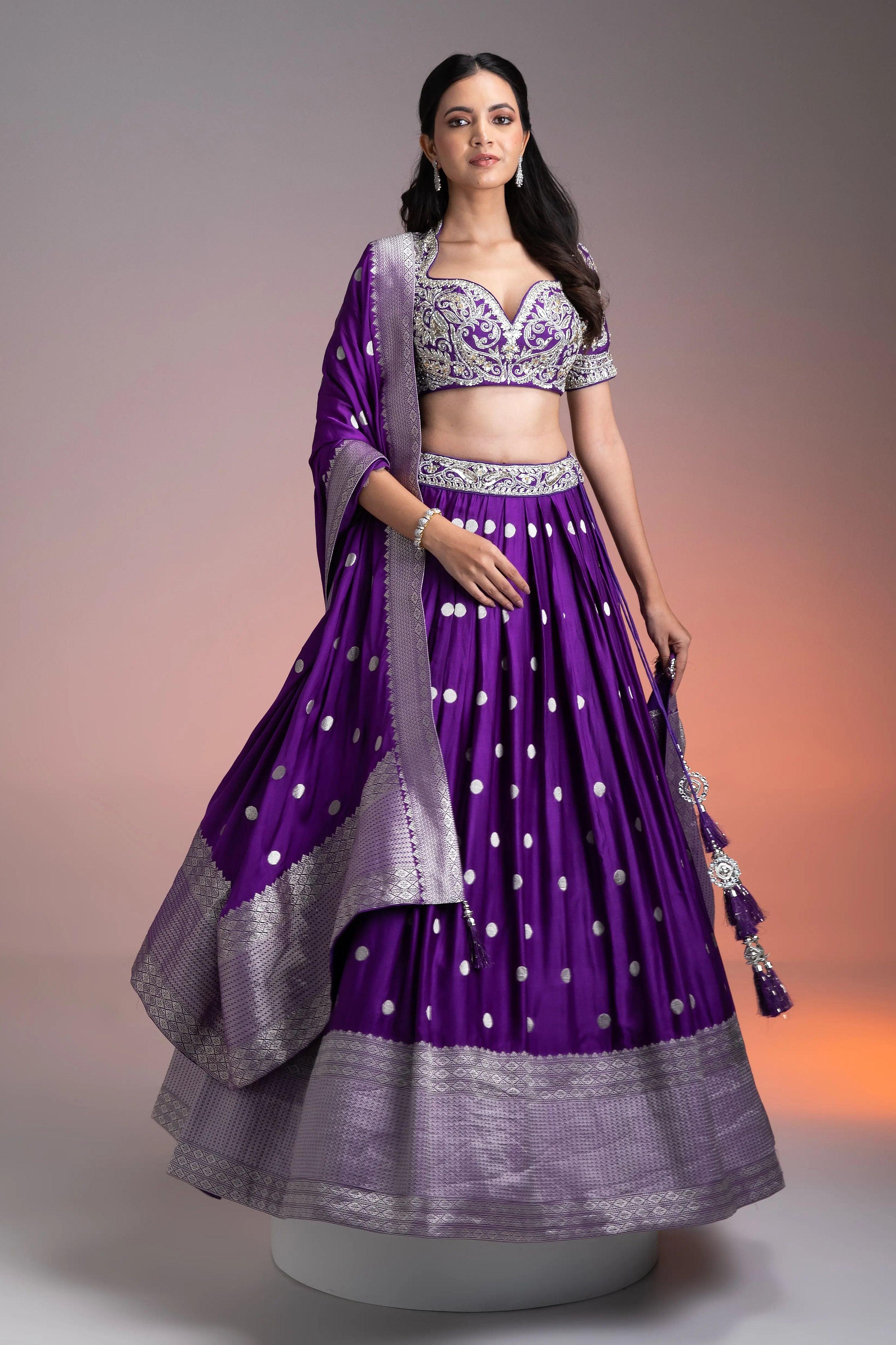 Deep Purple Silk Lehenga with Silver Brocade and Banarasi Dupatta  Mokshaa