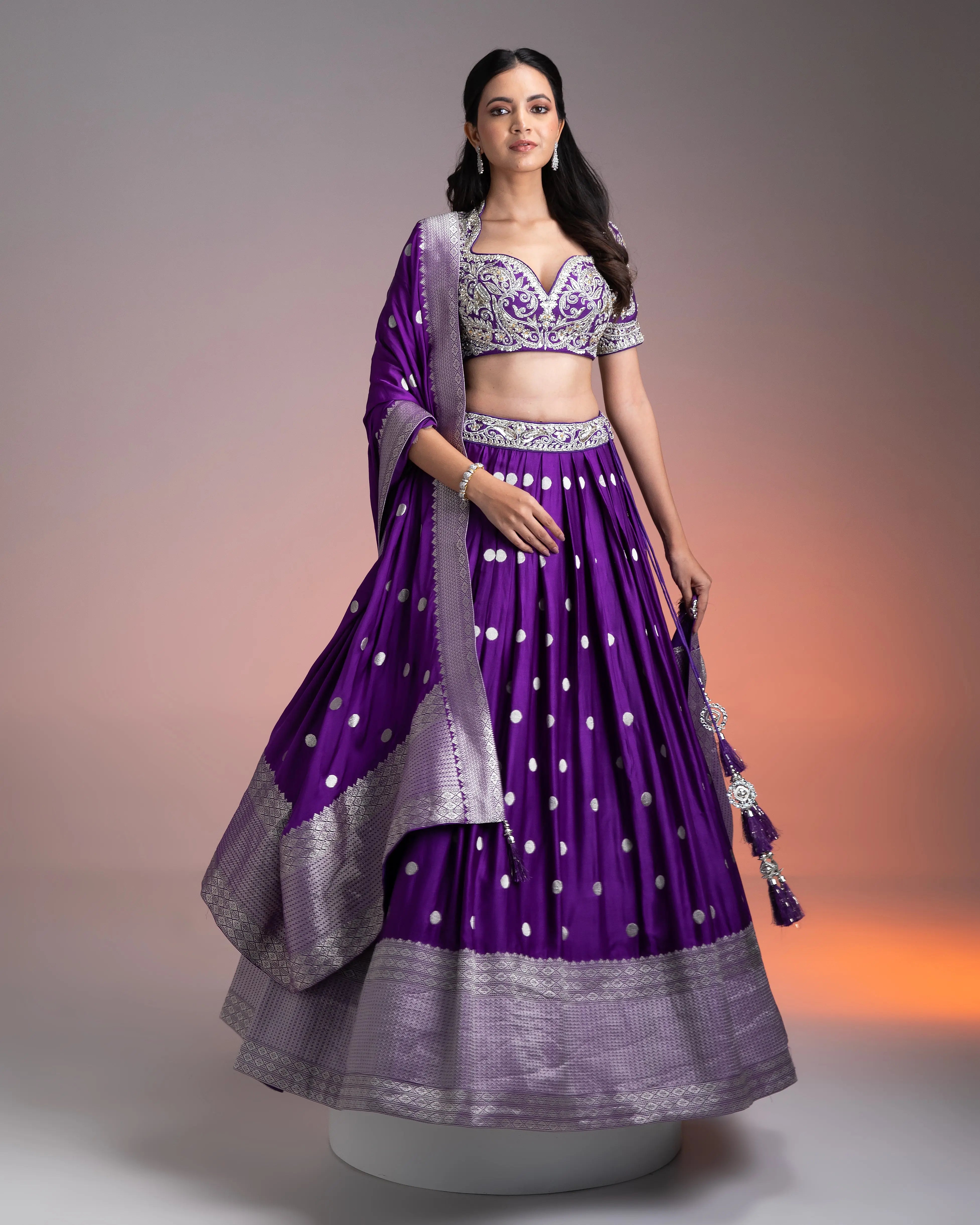 Deep Purple Silk Lehenga with Silver Brocade and Banarasi Dupatta  Mokshaa