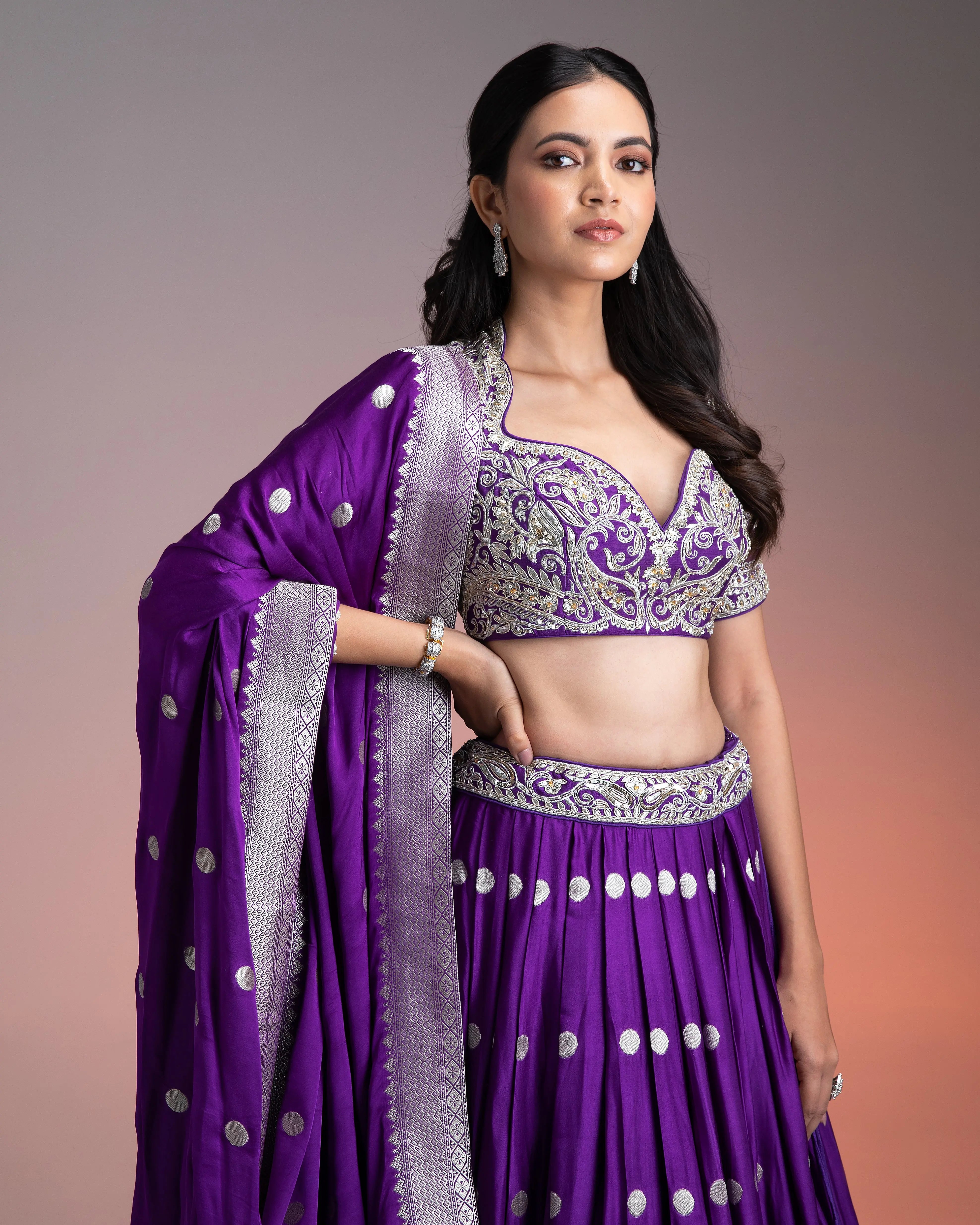 Deep Purple Silk Lehenga with Silver Brocade and Banarasi Dupatta  Mokshaa