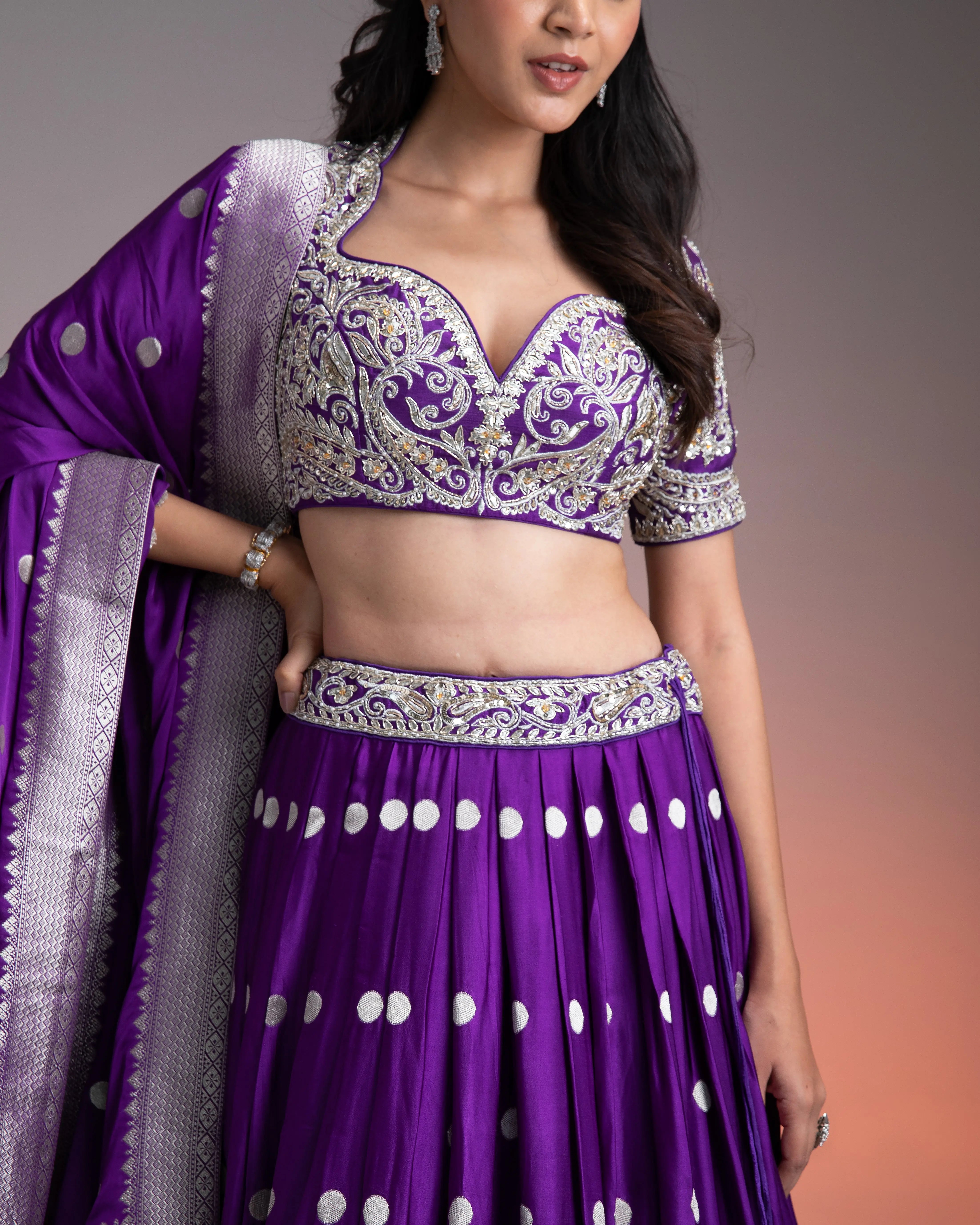 Deep Purple Silk Lehenga with Silver Brocade and Banarasi Dupatta  Mokshaa