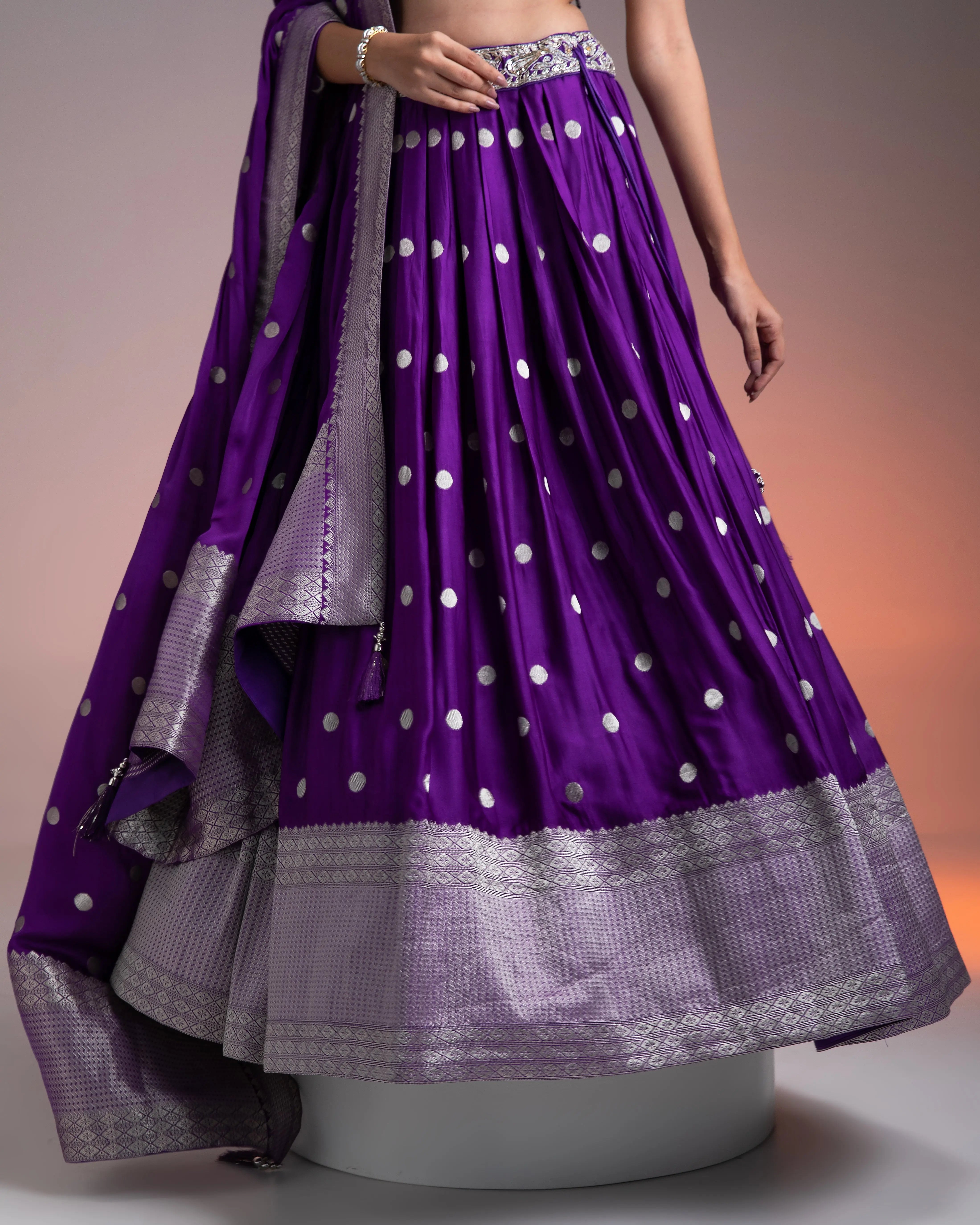 Deep Purple Silk Lehenga with Silver Brocade and Banarasi Dupatta  Mokshaa