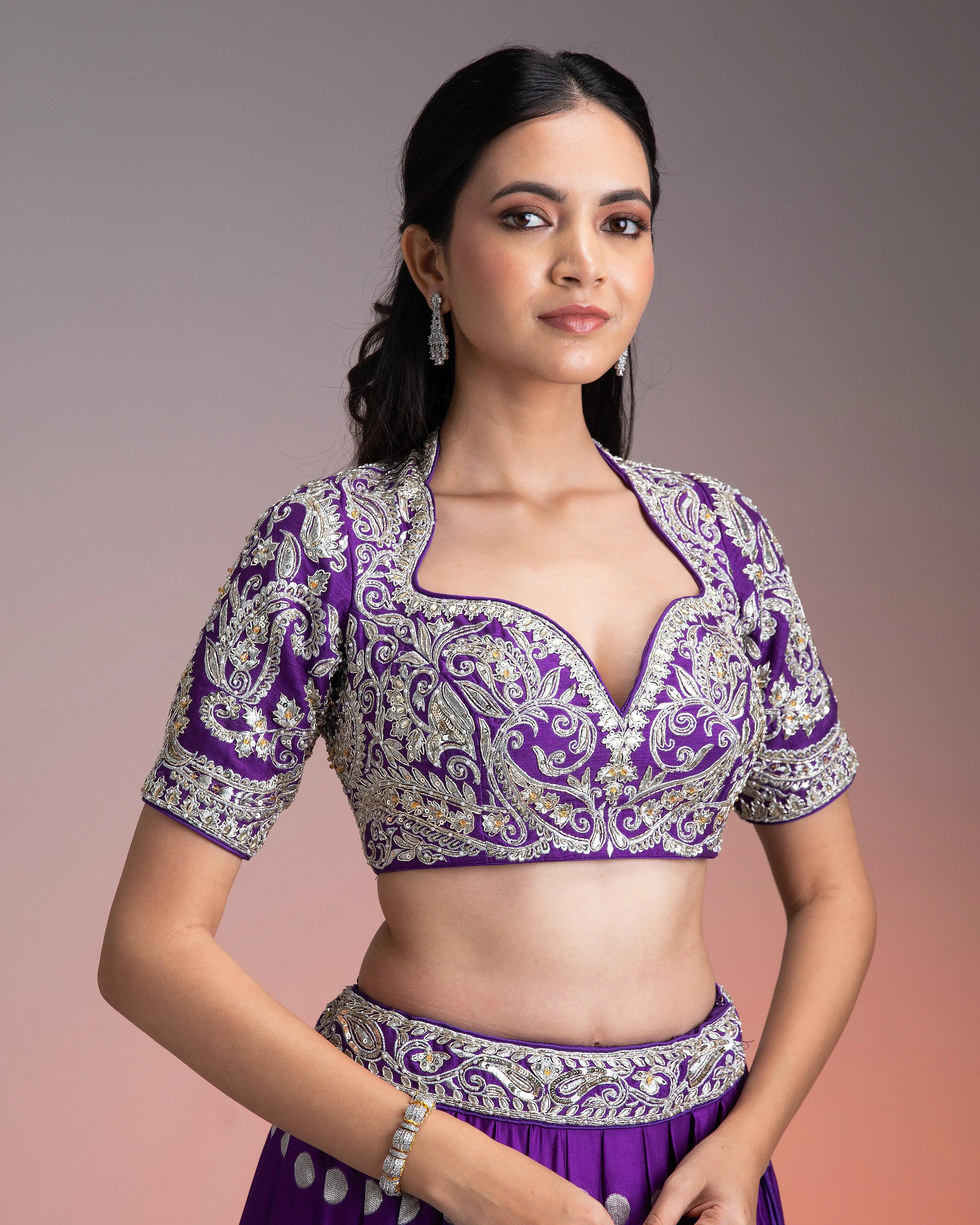 Deep Purple Silk Lehenga with Silver Brocade and Banarasi Dupatta  Mokshaa