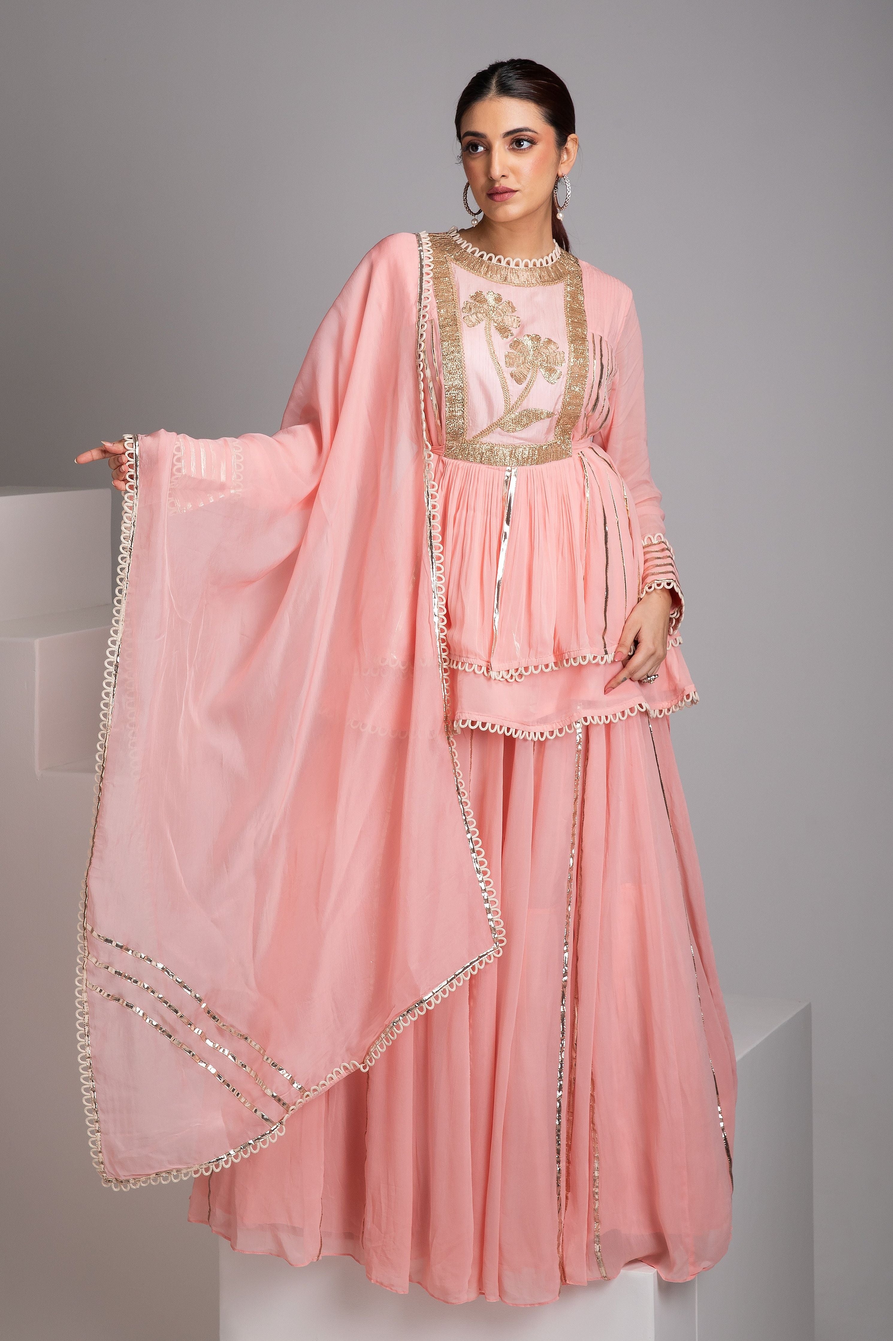 Blush Pink Peplum Sharara Set - Mokshaa