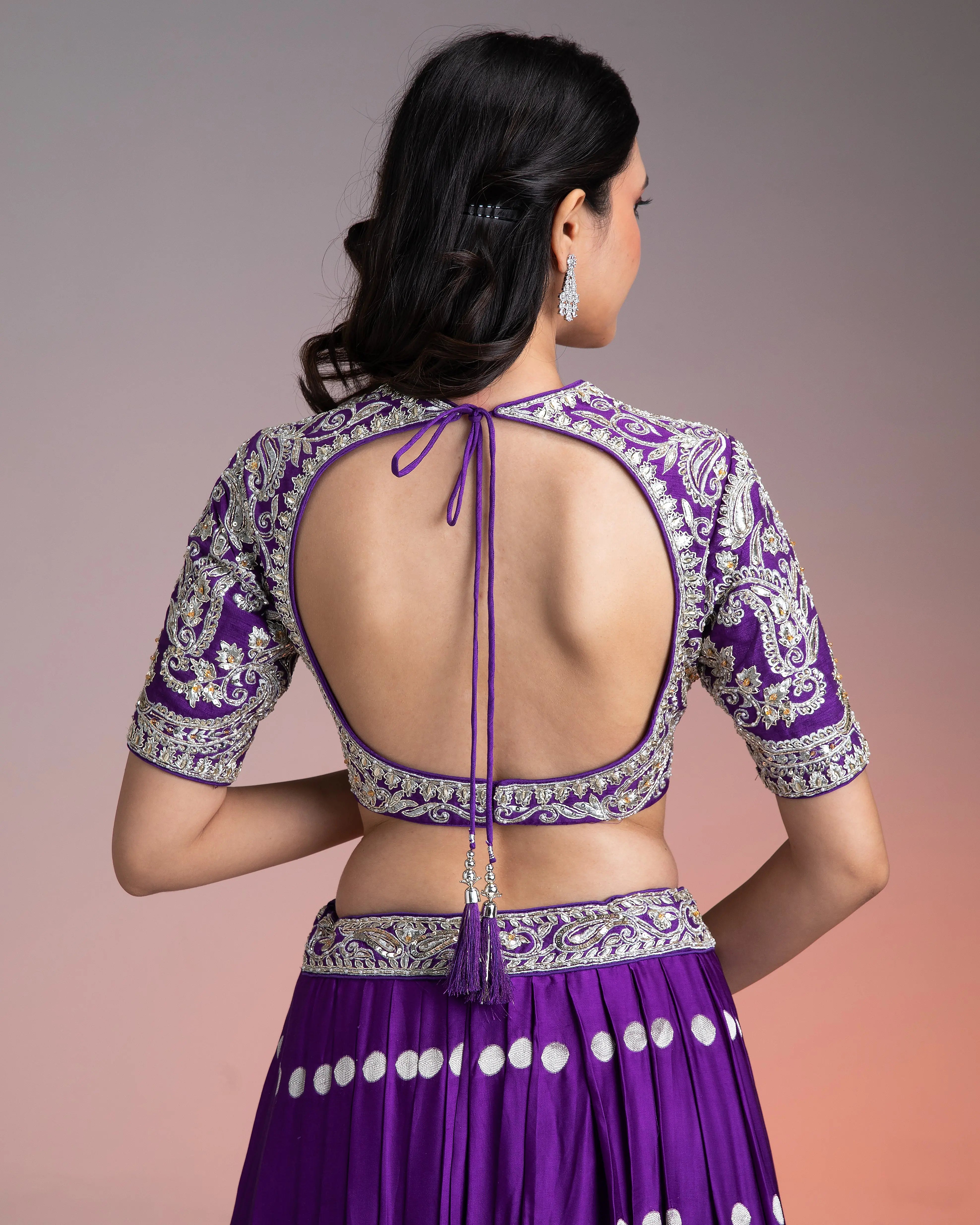 Deep Purple Silk Lehenga with Silver Brocade and Banarasi Dupatta  Mokshaa