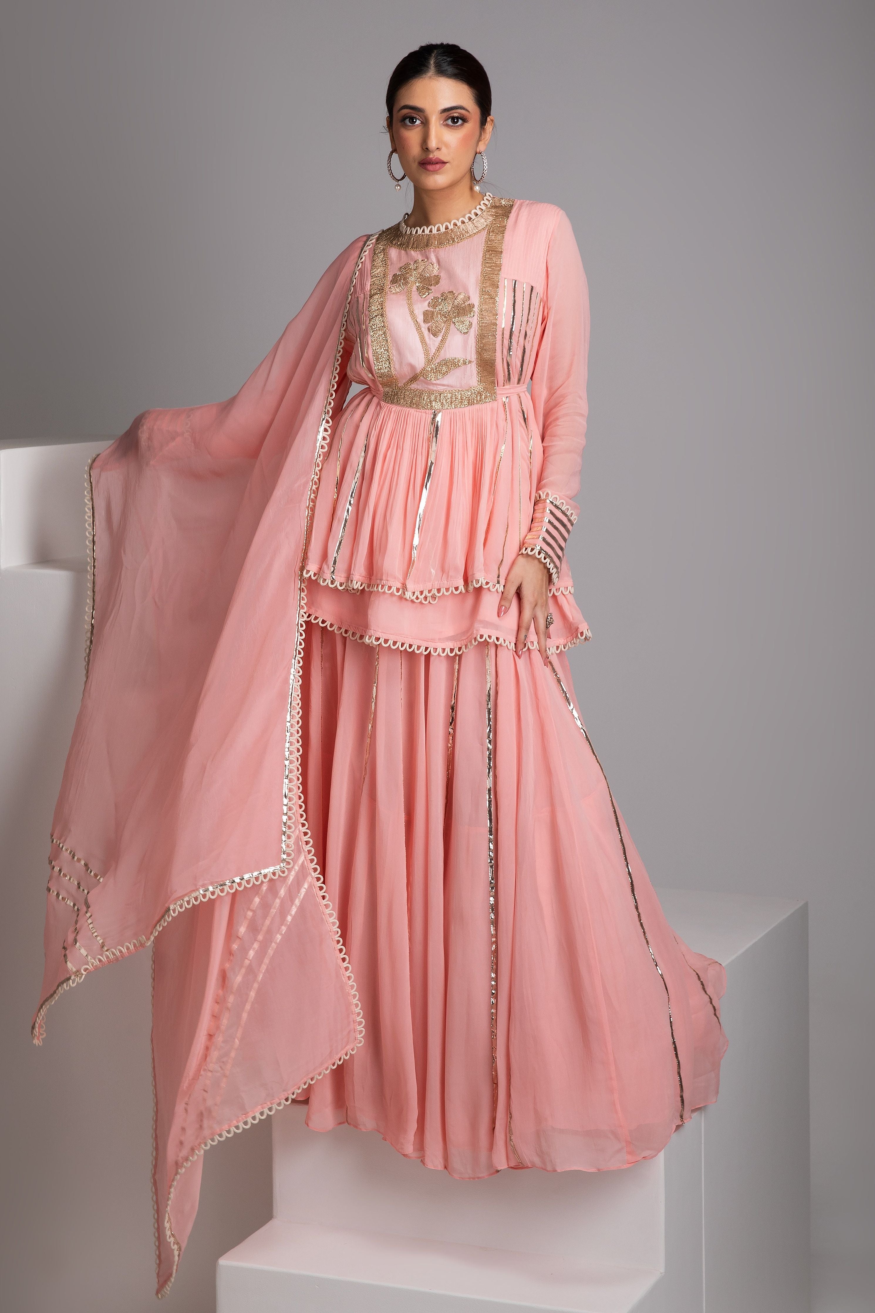 Blush Pink Peplum Sharara Set - Mokshaa