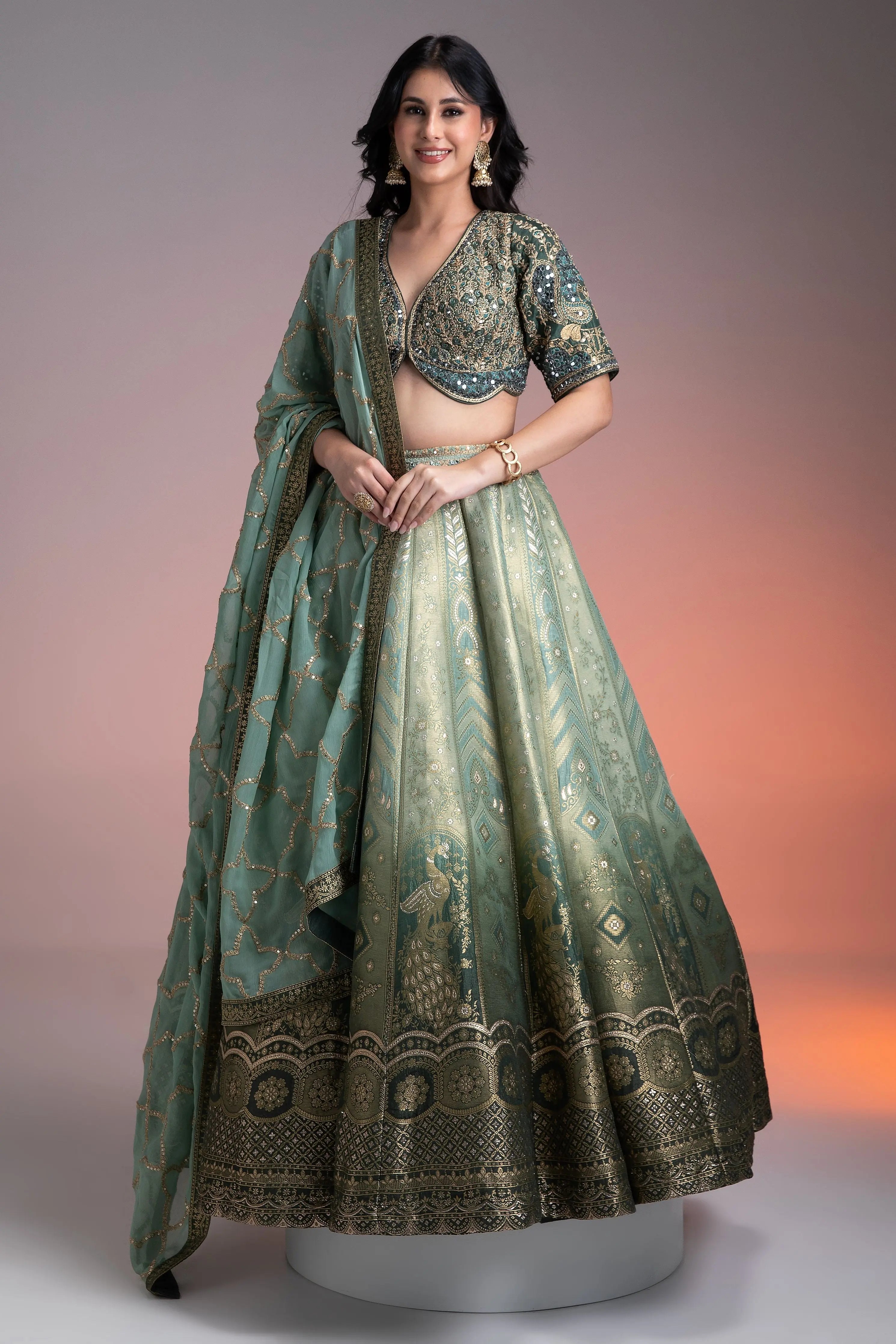 Sage Green Shaded Banarasi Silk Lehenga  Mokshaa