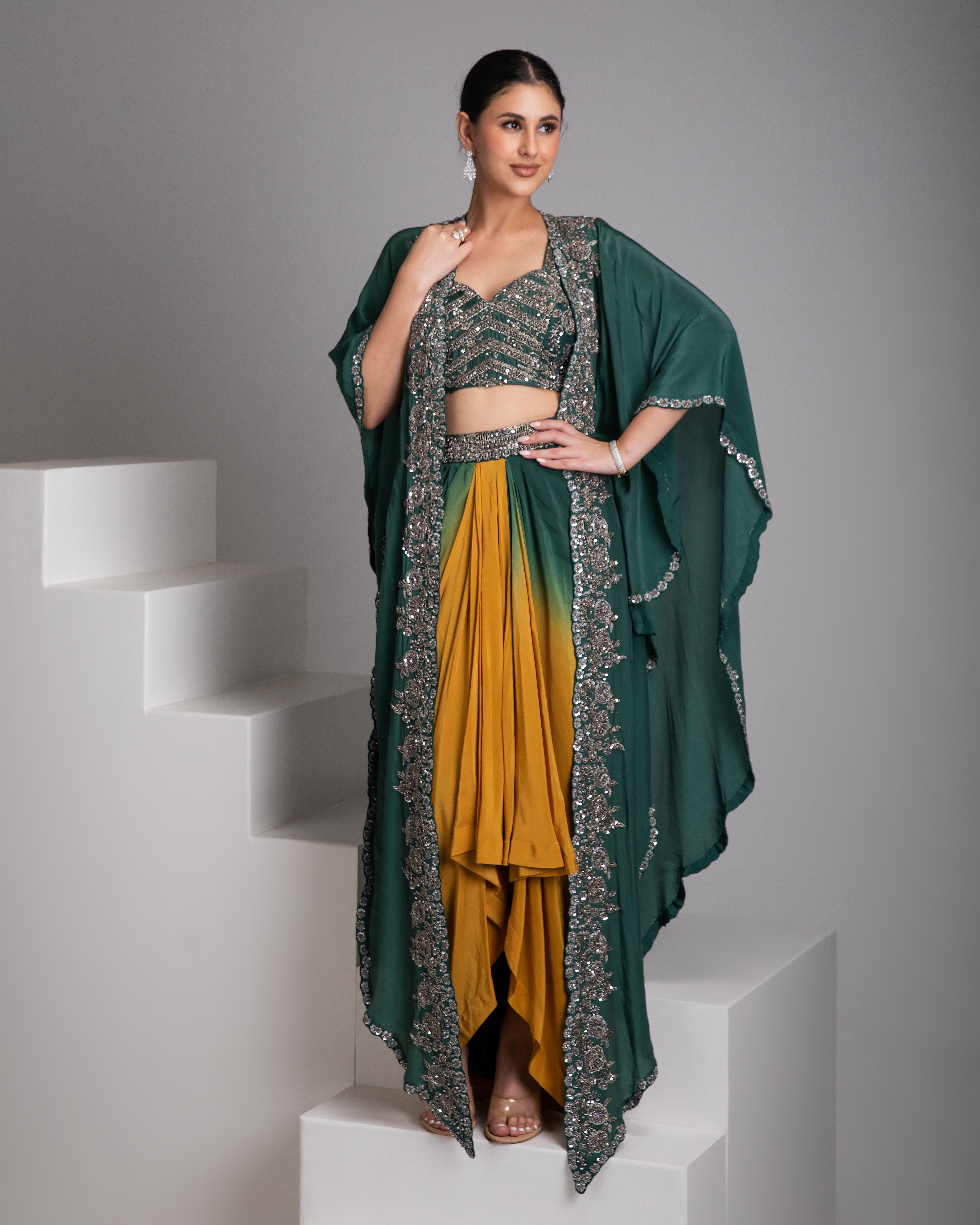 Emerald Green and Mustard Cape Set - Mokshaa