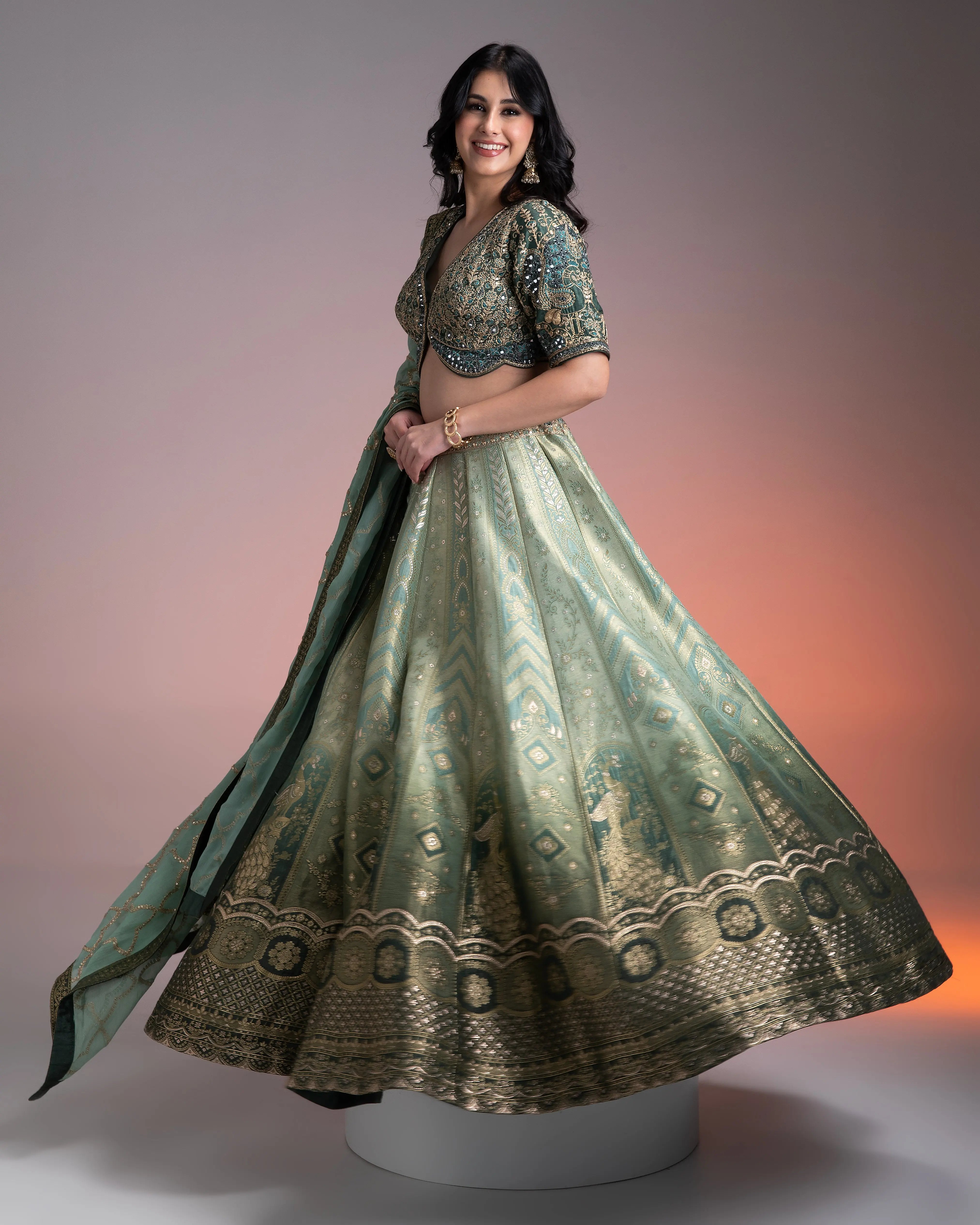 Sage Green Shaded Banarasi Silk Lehenga  Mokshaa