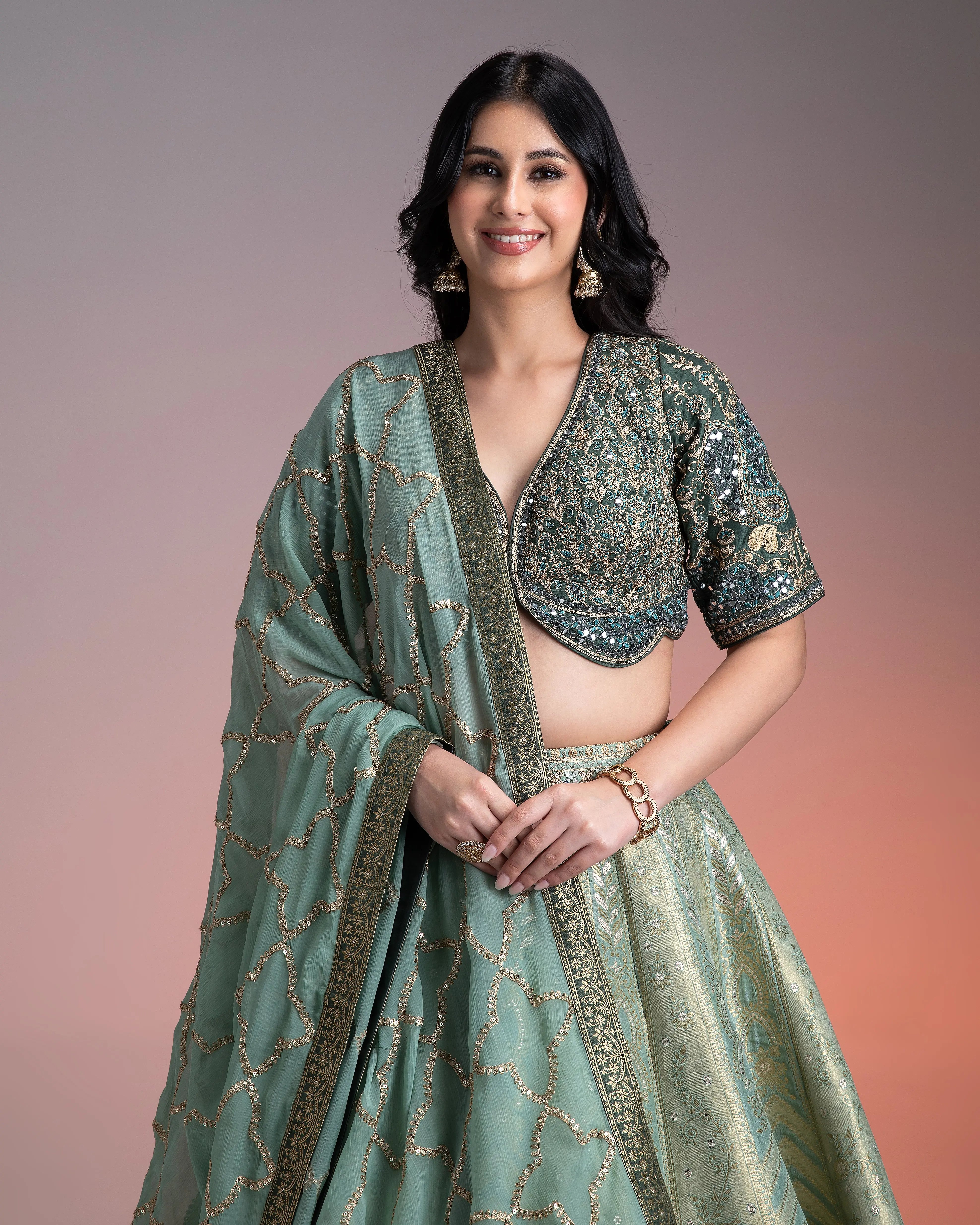 Sage Green Shaded Banarasi Silk Lehenga聽 Mokshaa