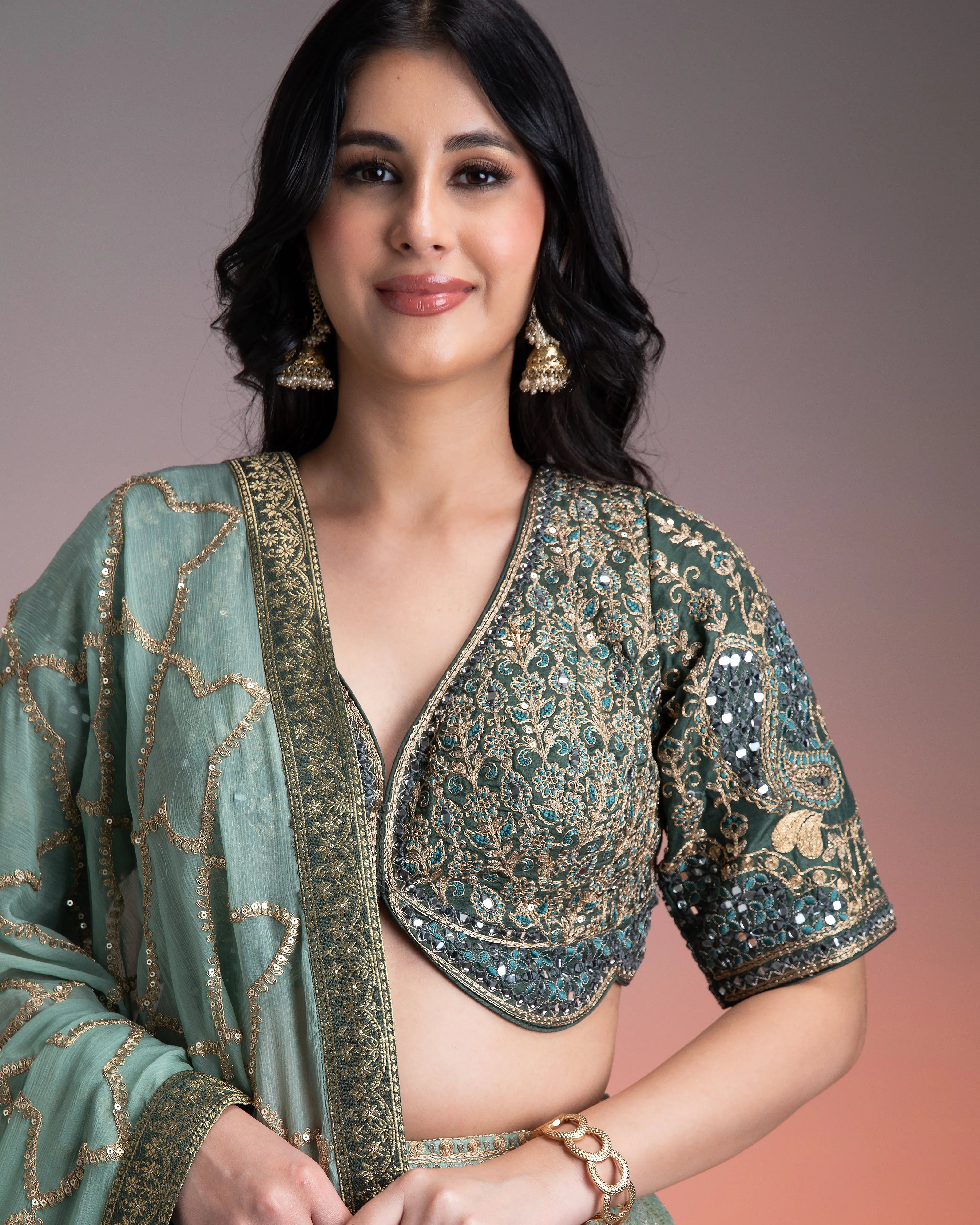 Sage Green Shaded Banarasi Silk Lehenga聽 Mokshaa