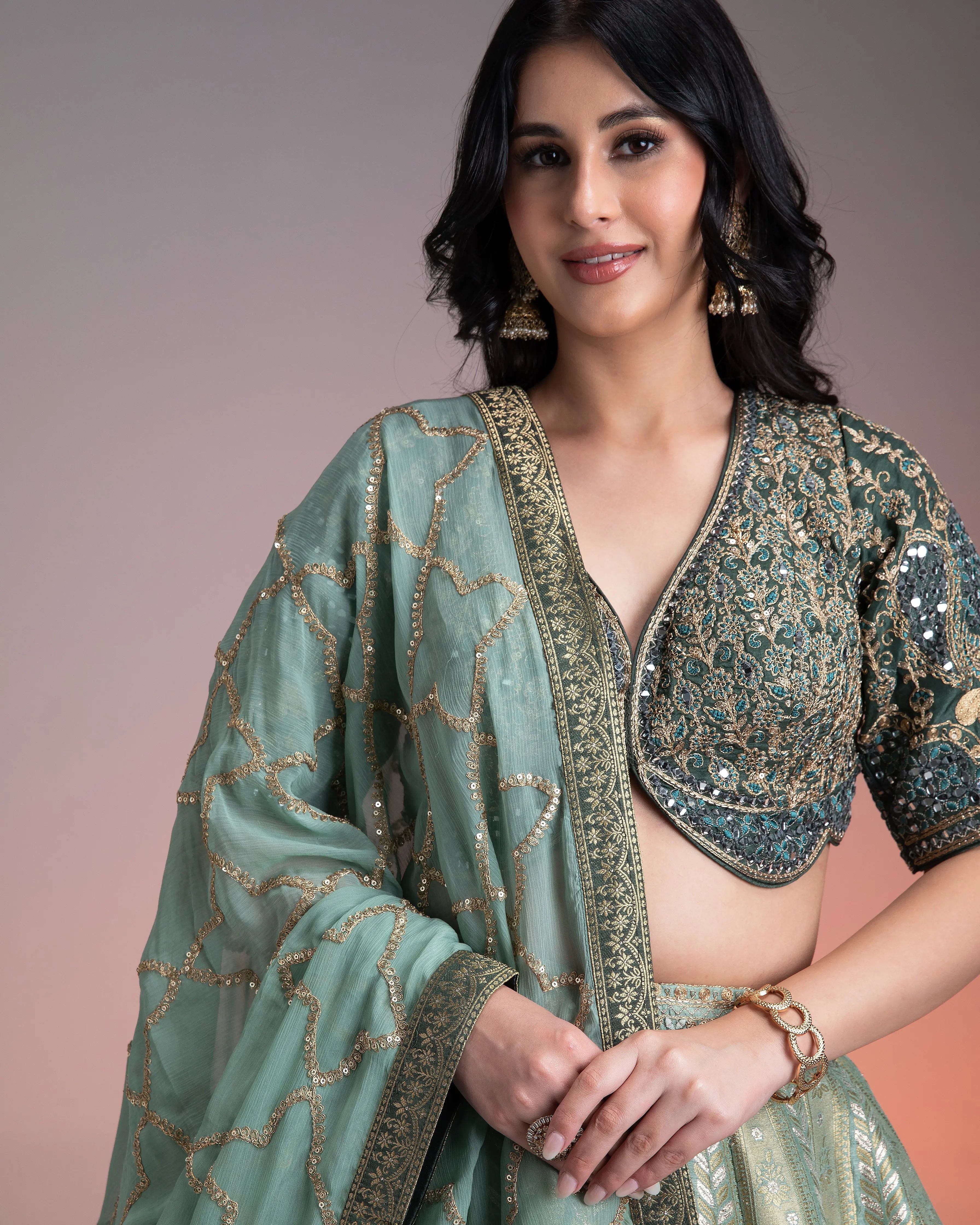 Sage Green Shaded Banarasi Silk Lehenga聽 Mokshaa