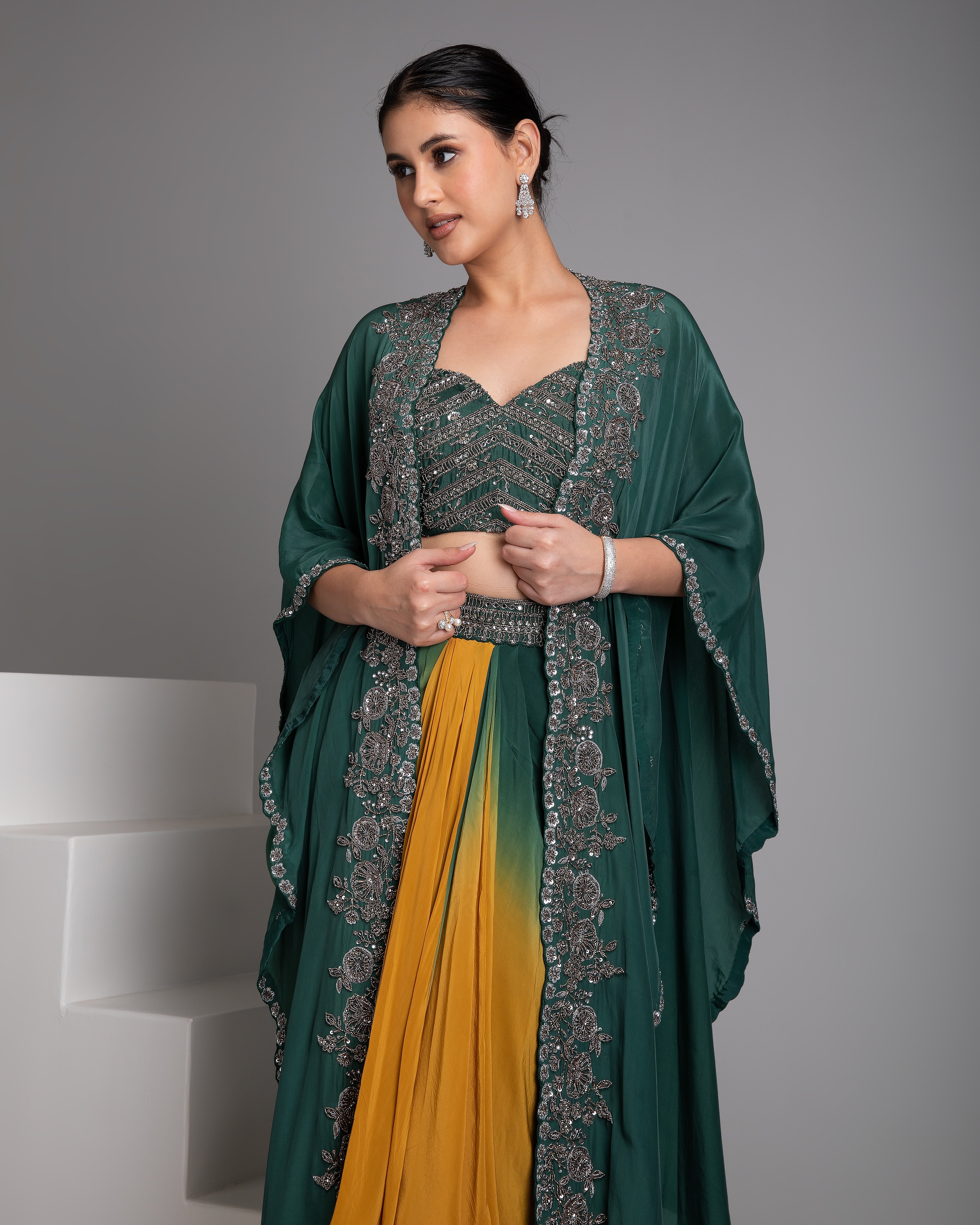 Emerald Green and Mustard Cape Set - Mokshaa