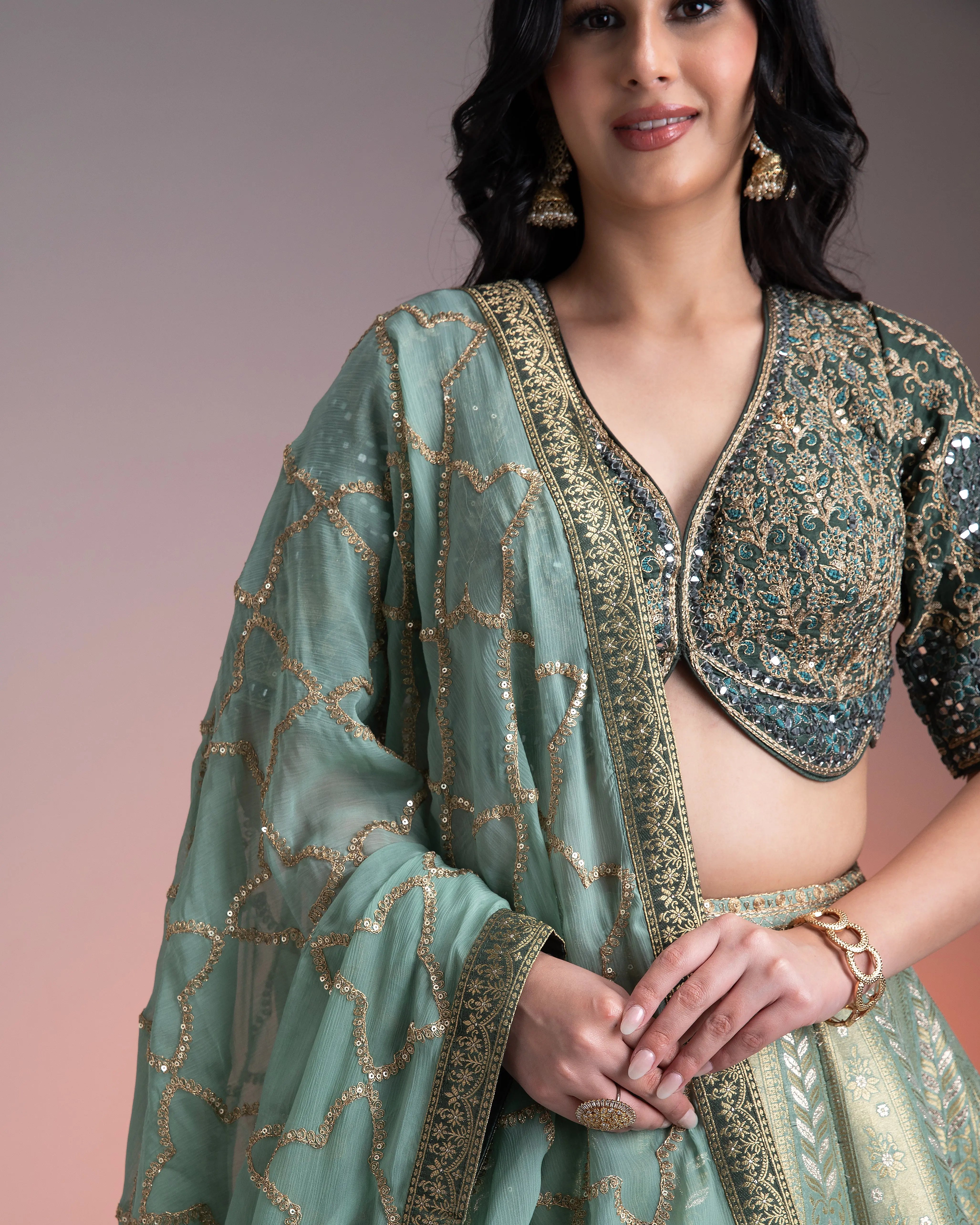 Sage Green Shaded Banarasi Silk Lehenga聽 Mokshaa