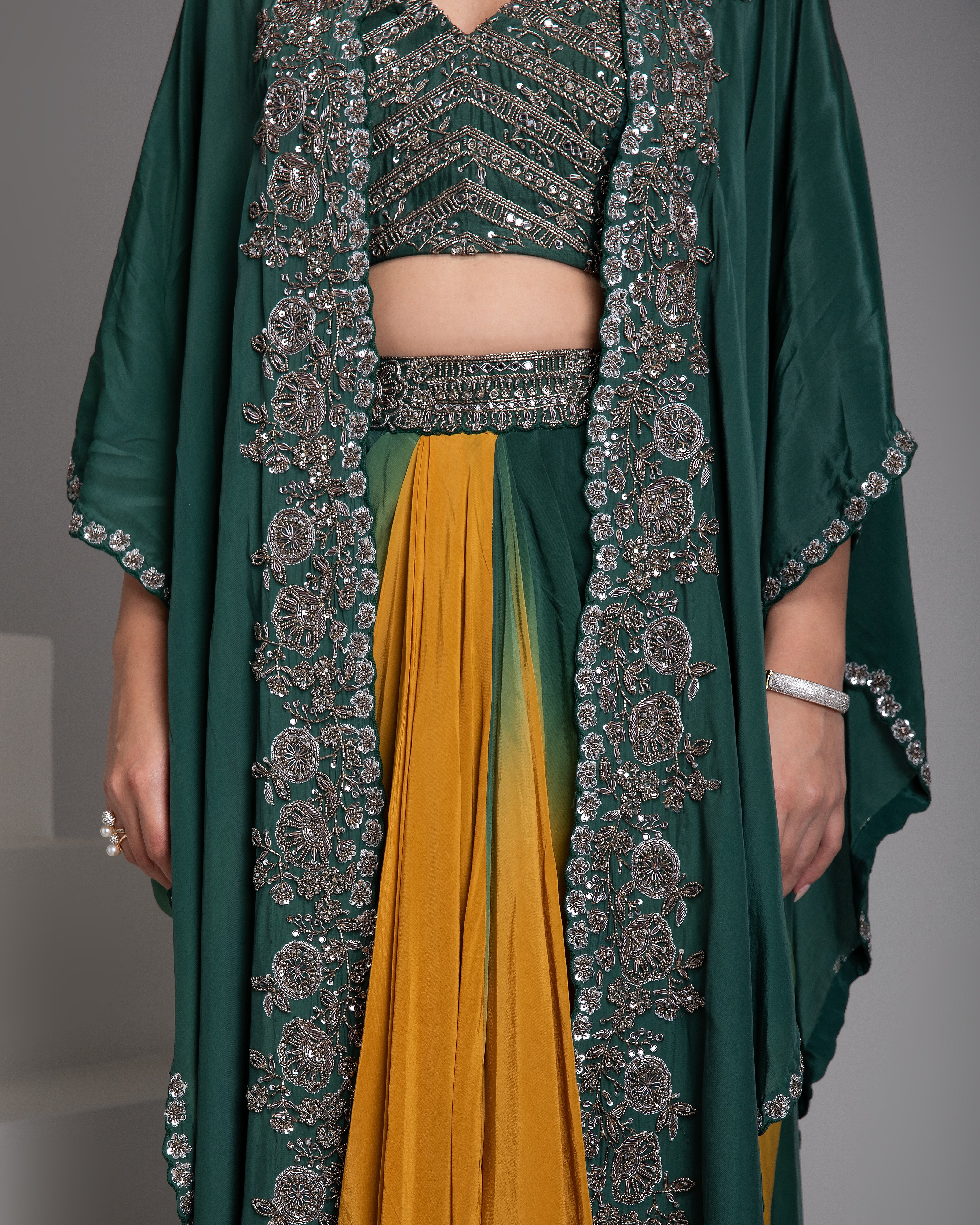 Emerald Green and Mustard Cape Set - Mokshaa