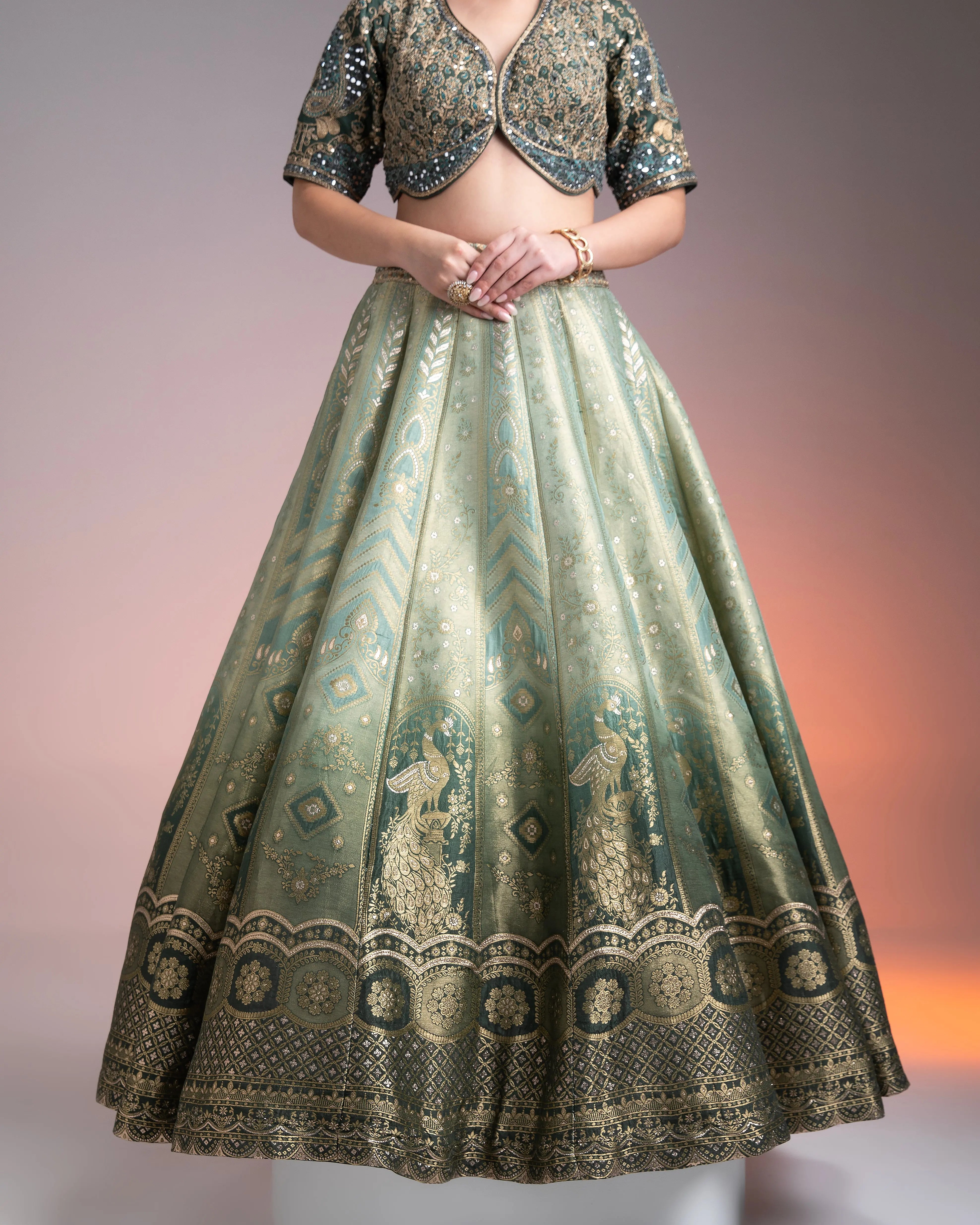 Sage Green Shaded Banarasi Silk Lehenga聽 Mokshaa