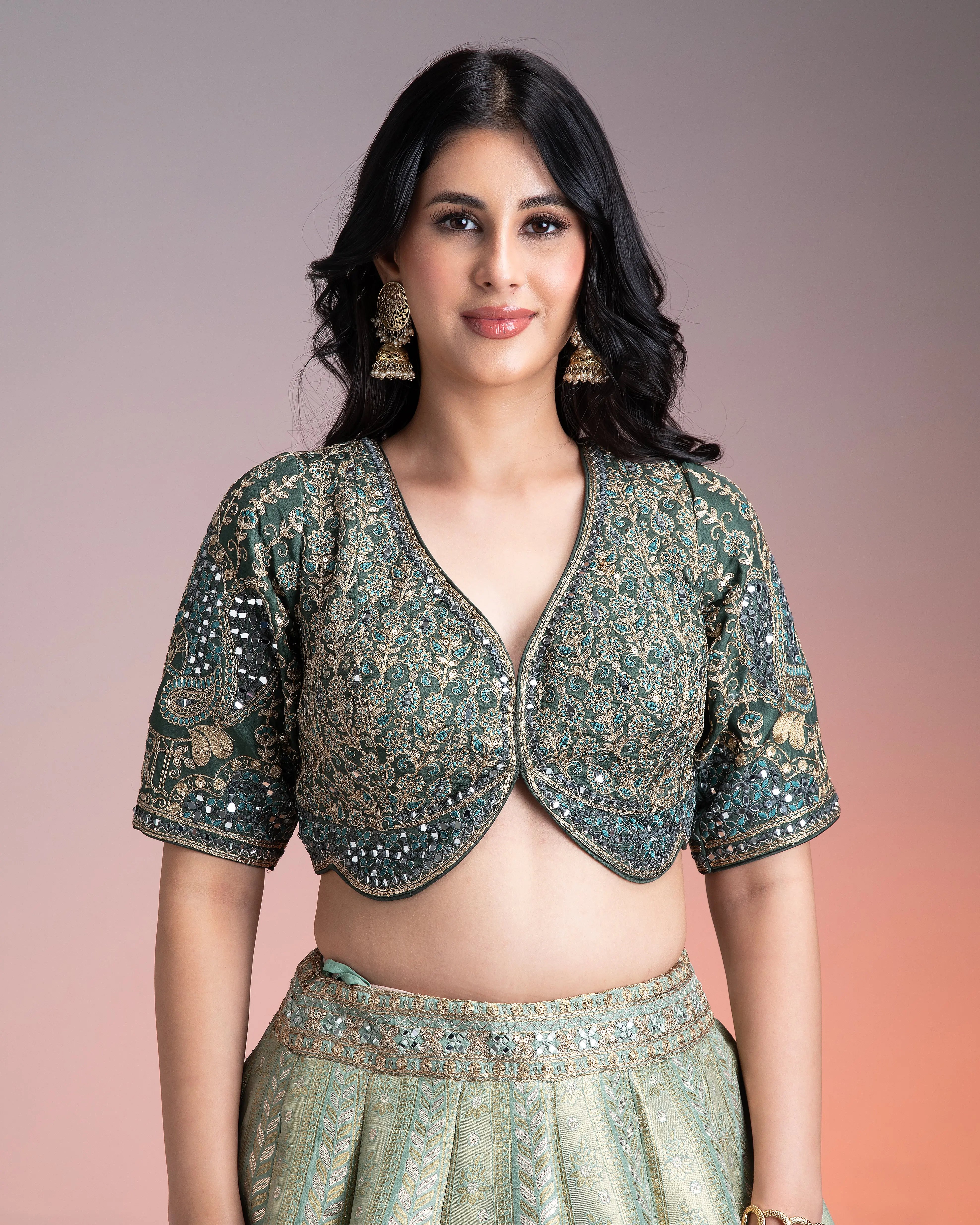 Sage Green Shaded Banarasi Silk Lehenga聽 Mokshaa