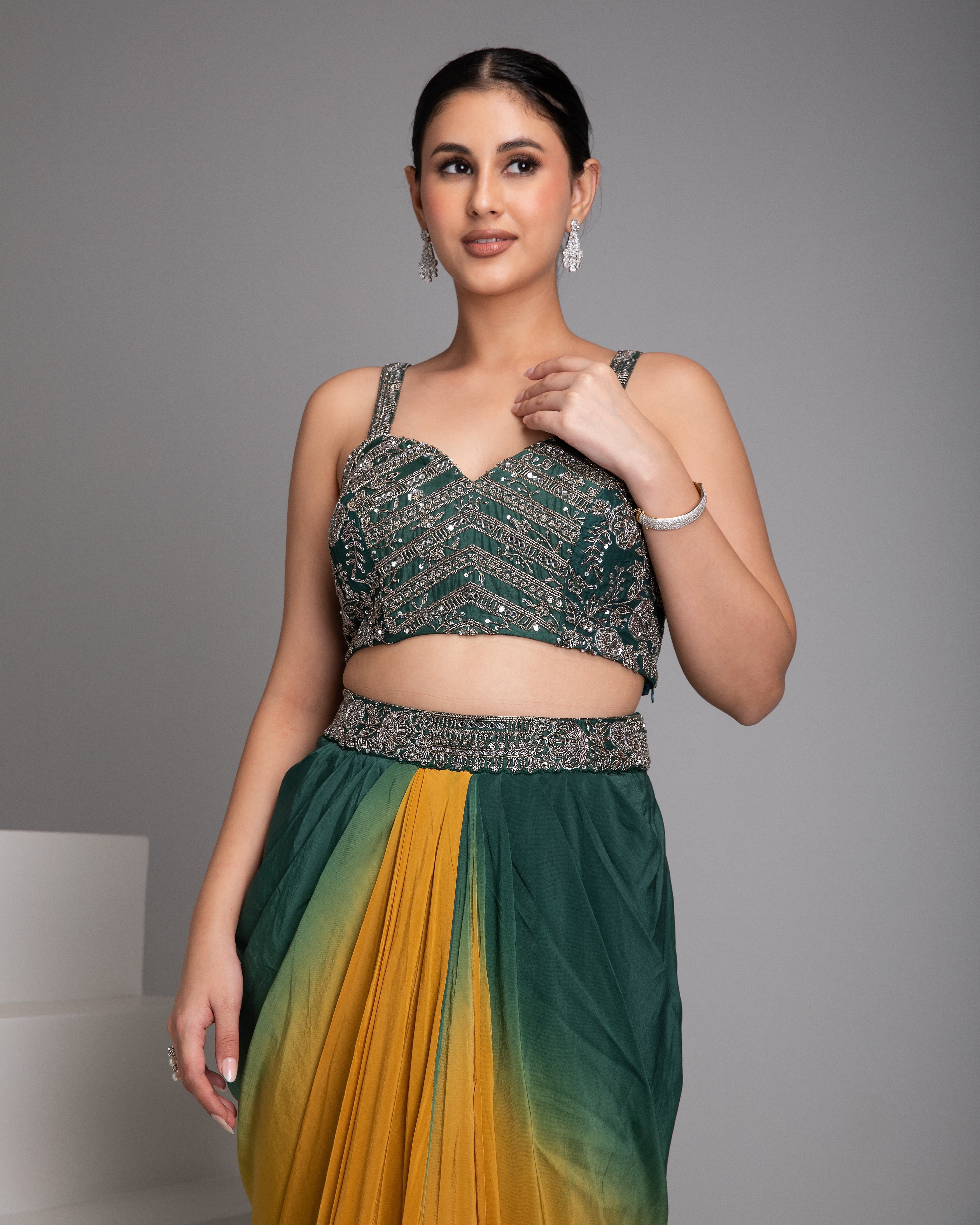 Emerald Green and Mustard Cape Set - Mokshaa