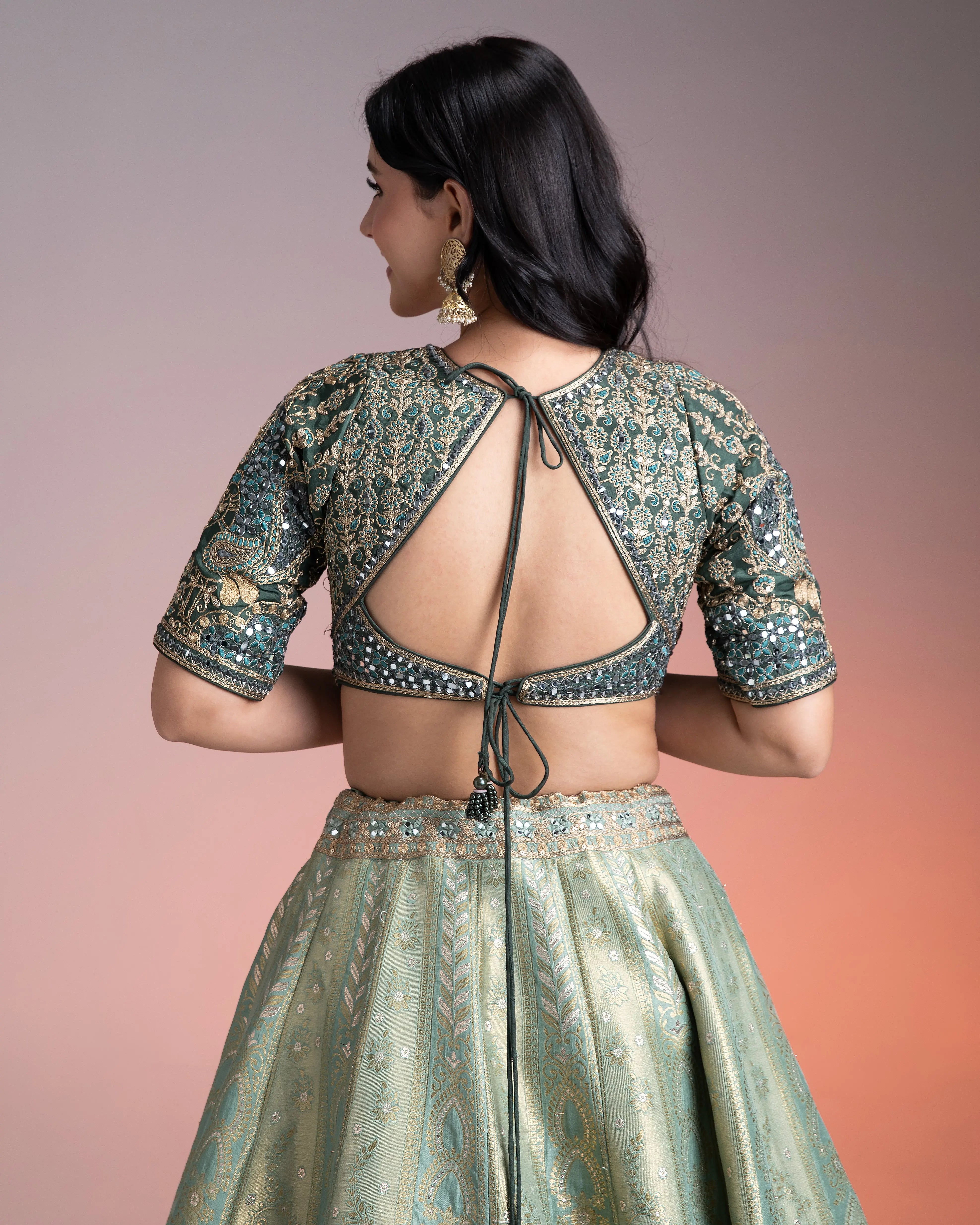 Sage Green Shaded Banarasi Silk Lehenga聽 Mokshaa