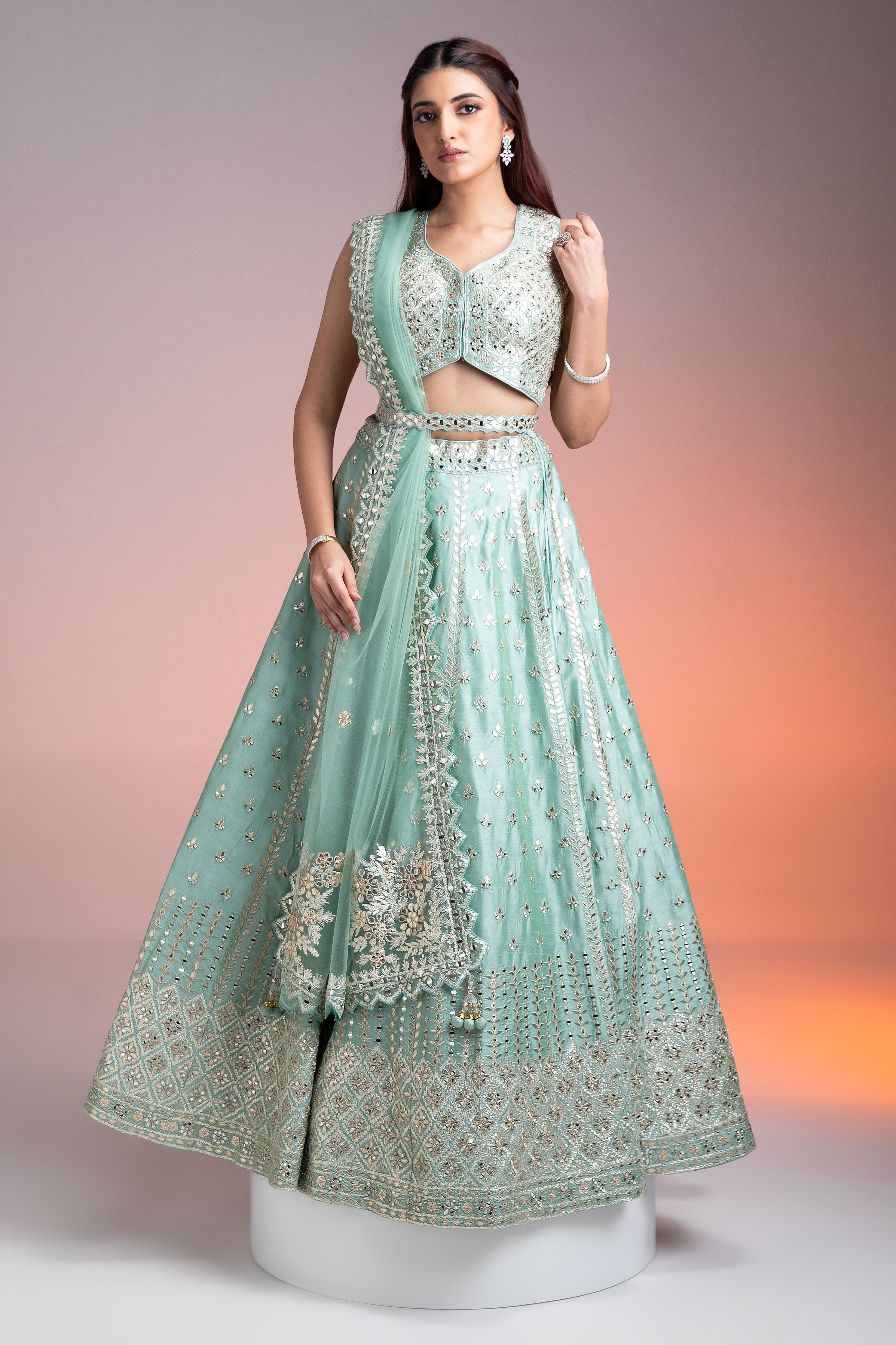 Mint Green Raw Silk Lehenga  Mokshaa