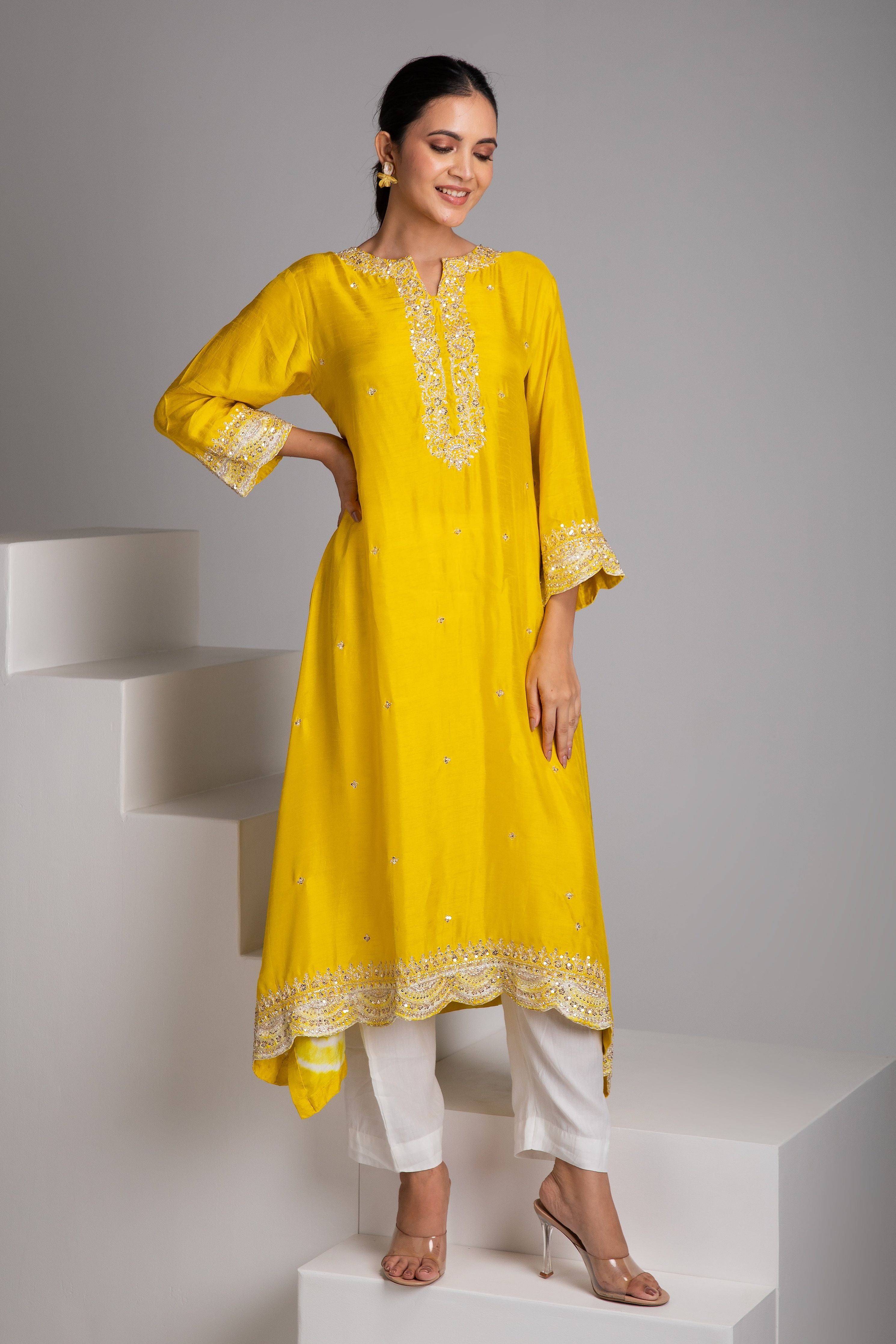 Yellow embroidered Kurta Set - Mokshaa