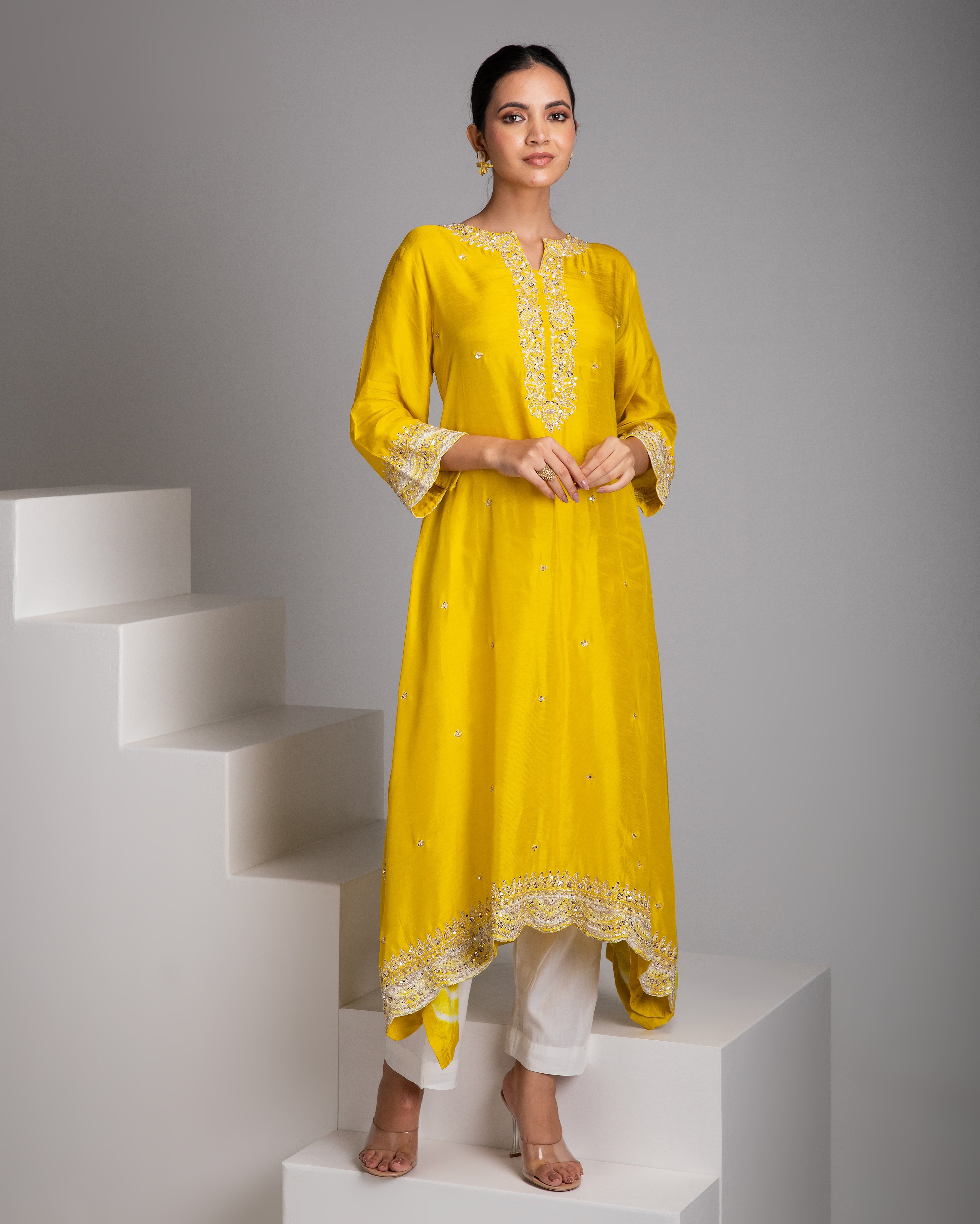 Yellow embroidered Kurta Set - Mokshaa