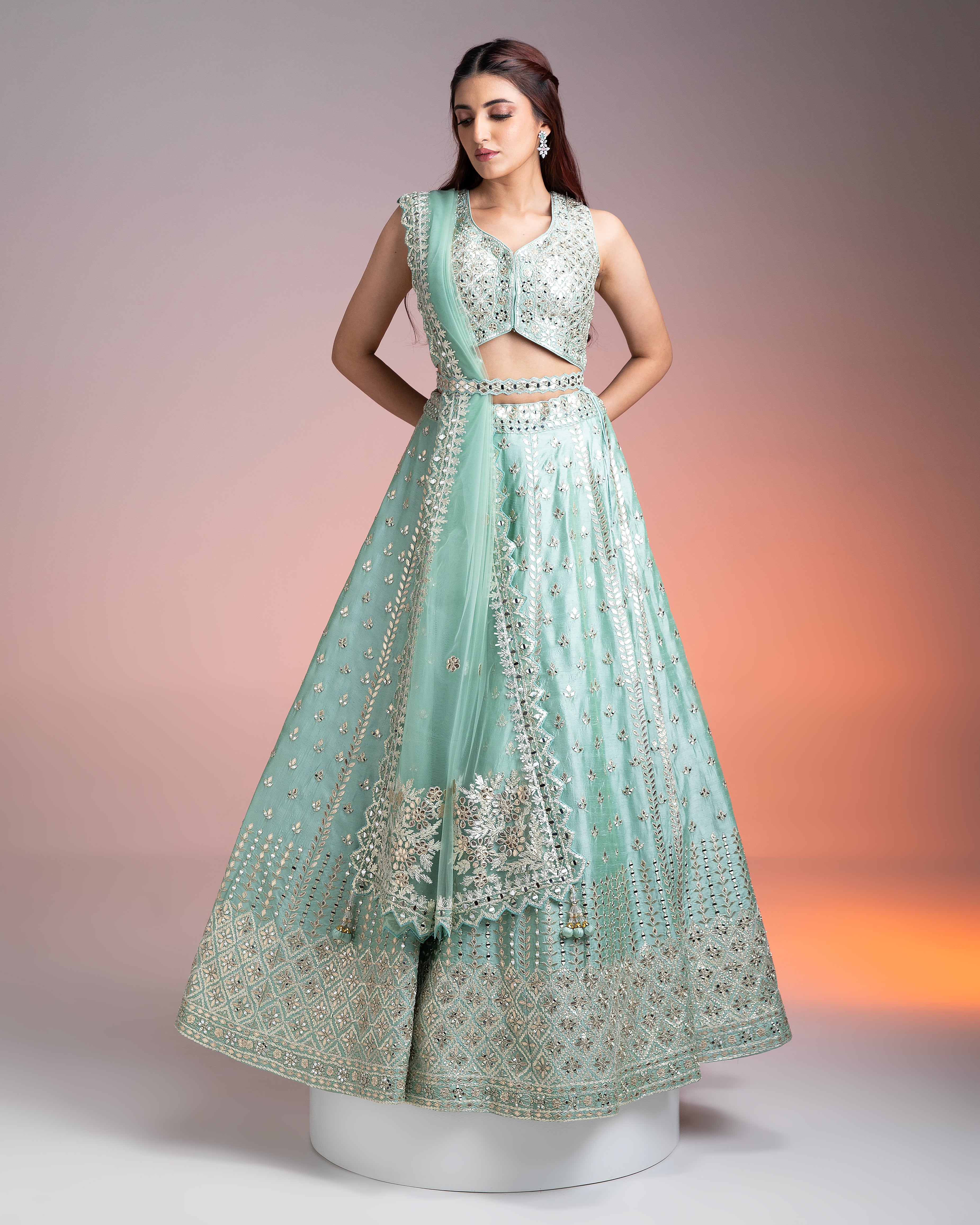 Mint Green Raw Silk Lehenga  Mokshaa