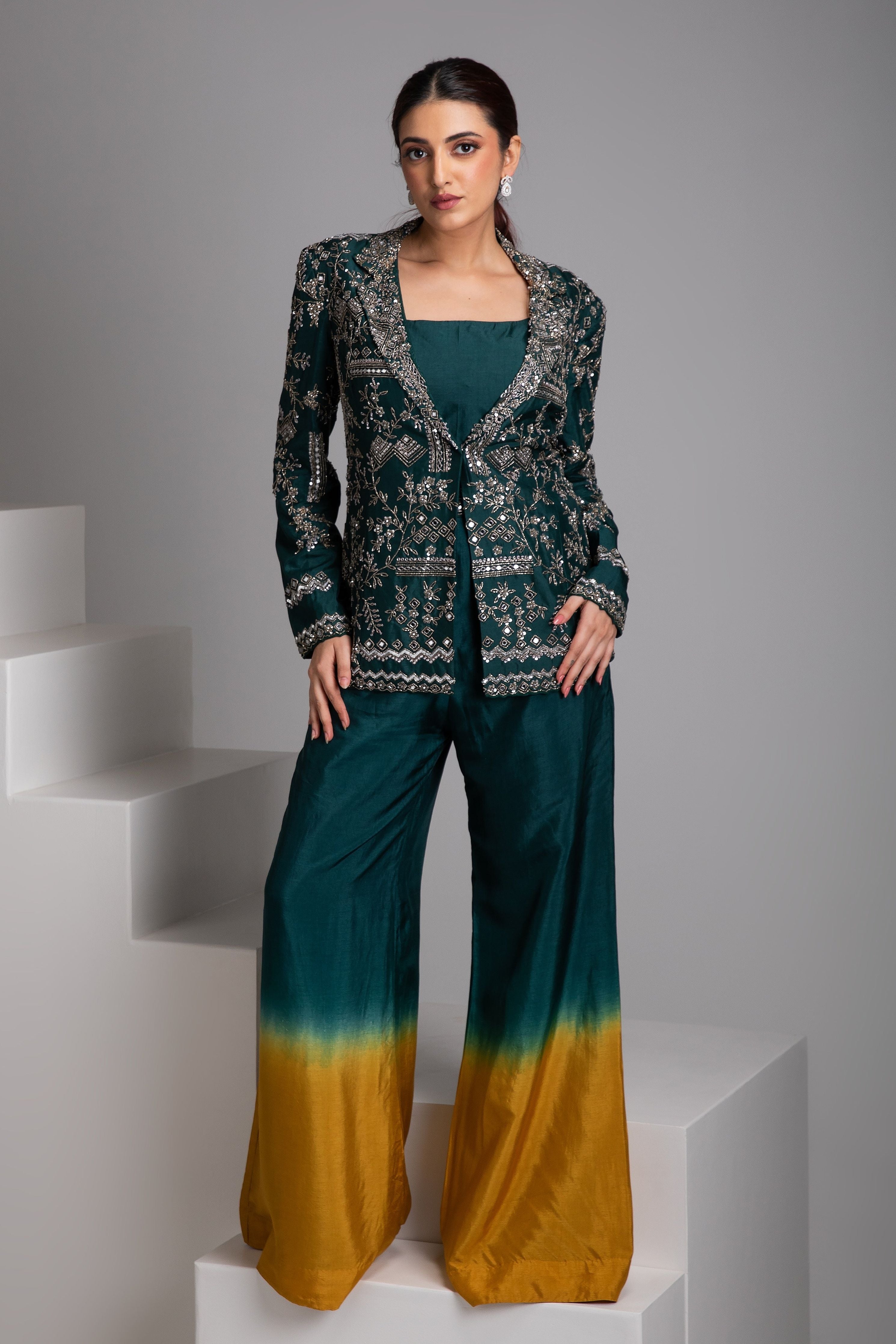 Emerald Green Embroidered Jacket Set with Ombre Pants - Mokshaa