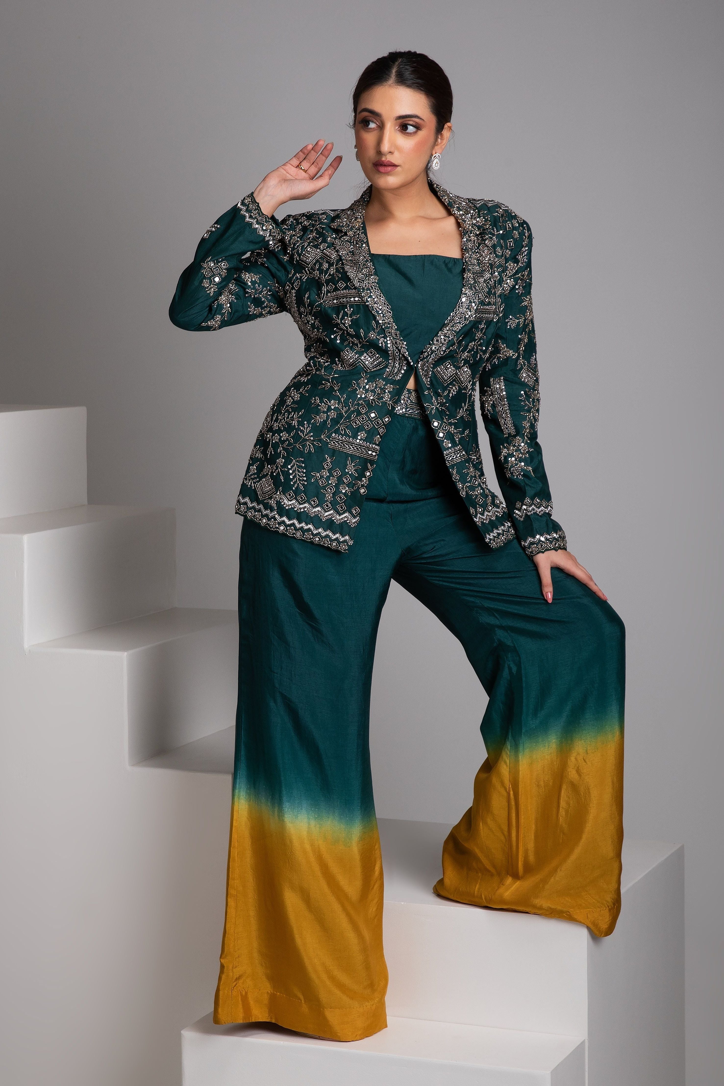 Emerald Green Embroidered Jacket Set with Ombre Pants - Mokshaa