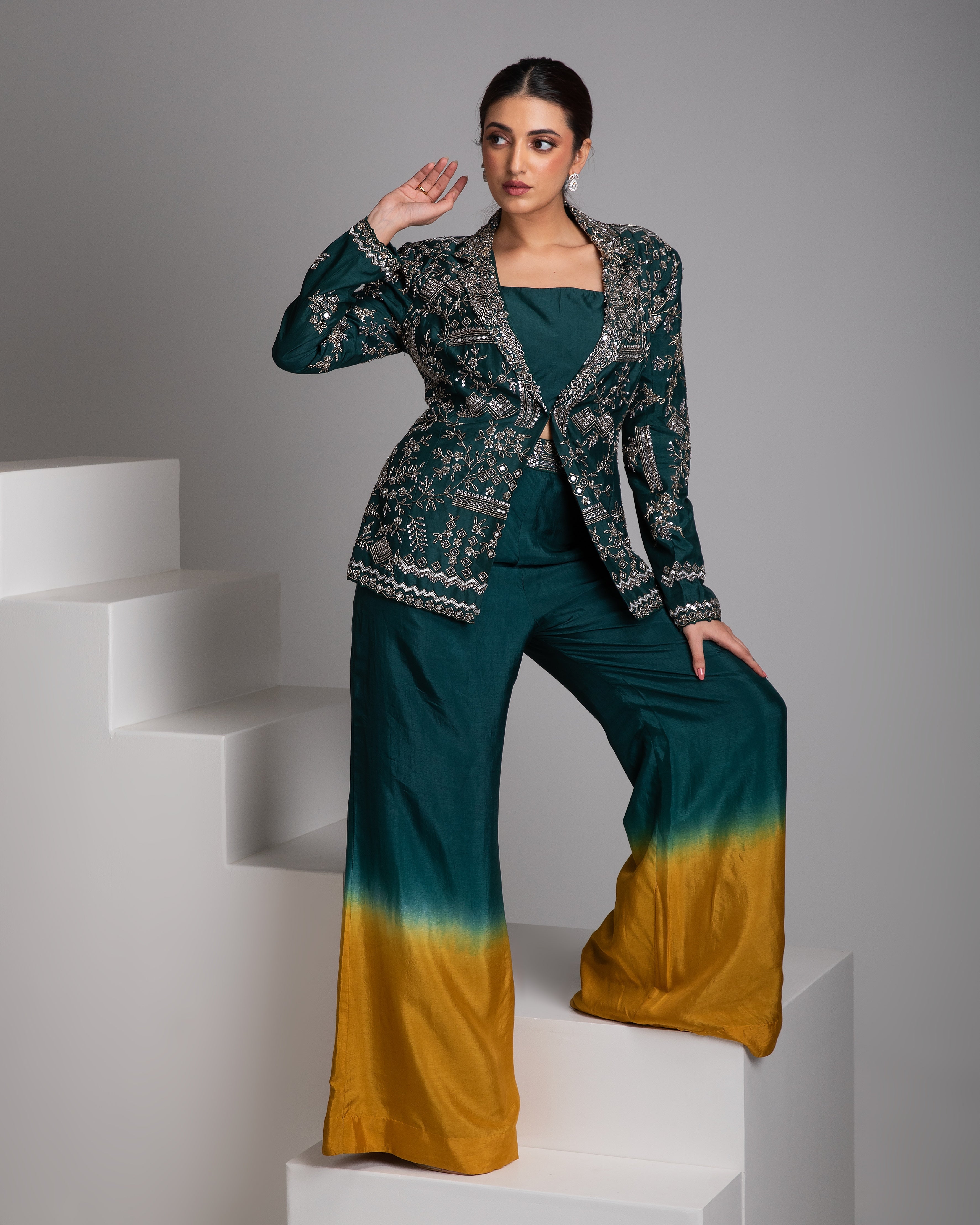 Emerald Green Embroidered Jacket Set with Ombre Pants - Mokshaa