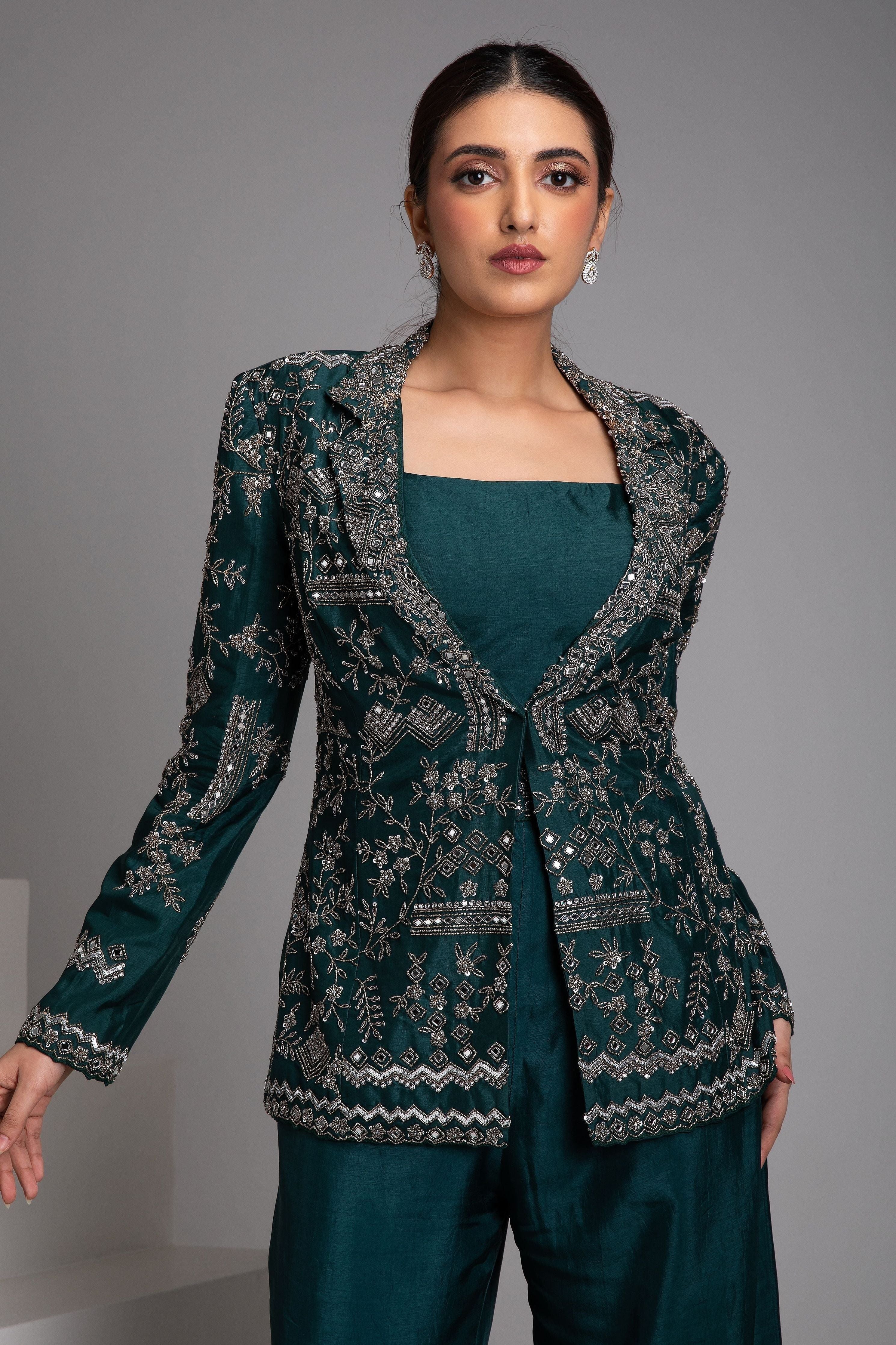 Emerald Green Embroidered Jacket Set with Ombre Pants - Mokshaa