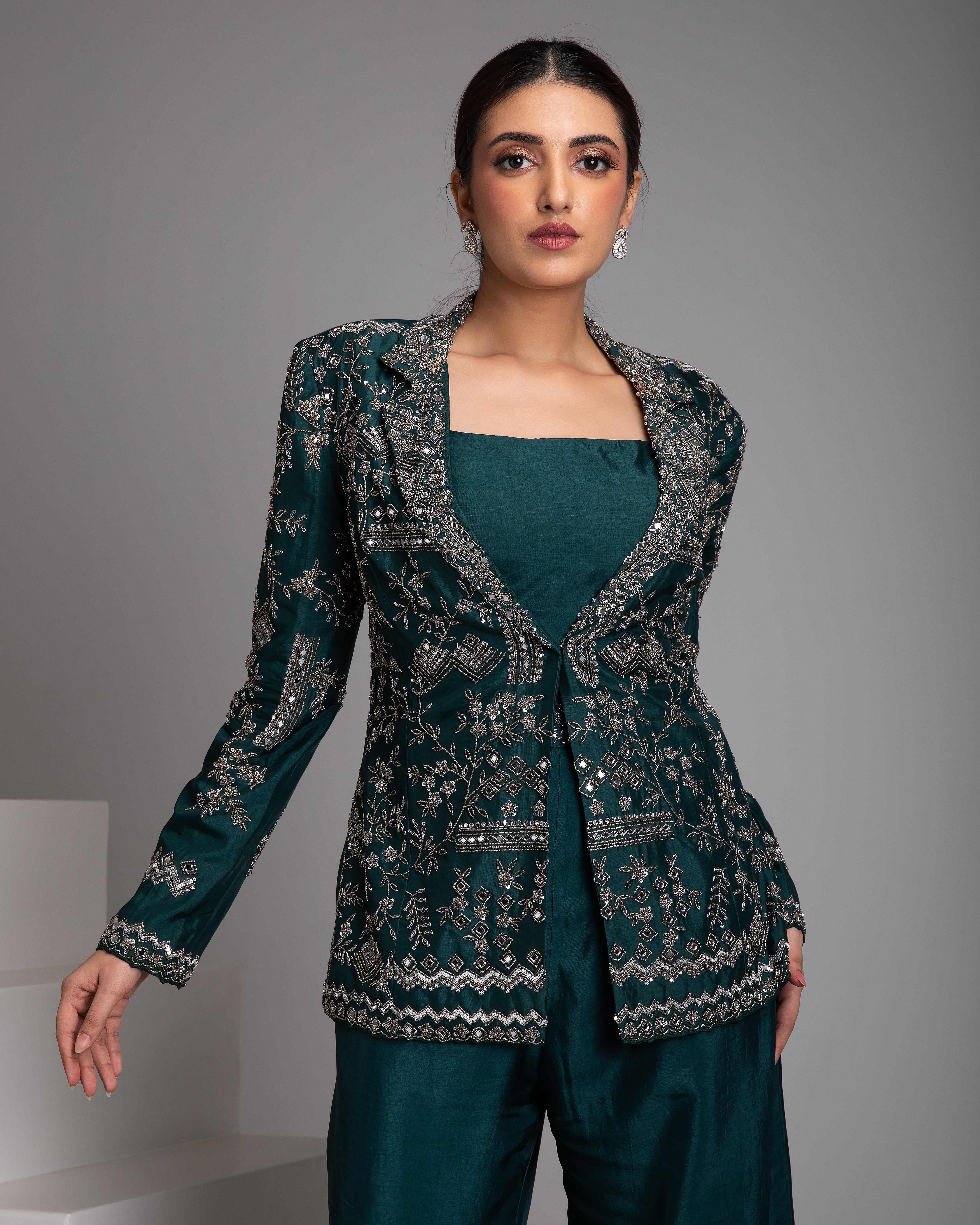 Emerald Green Embroidered Jacket Set with Ombre Pants - Mokshaa