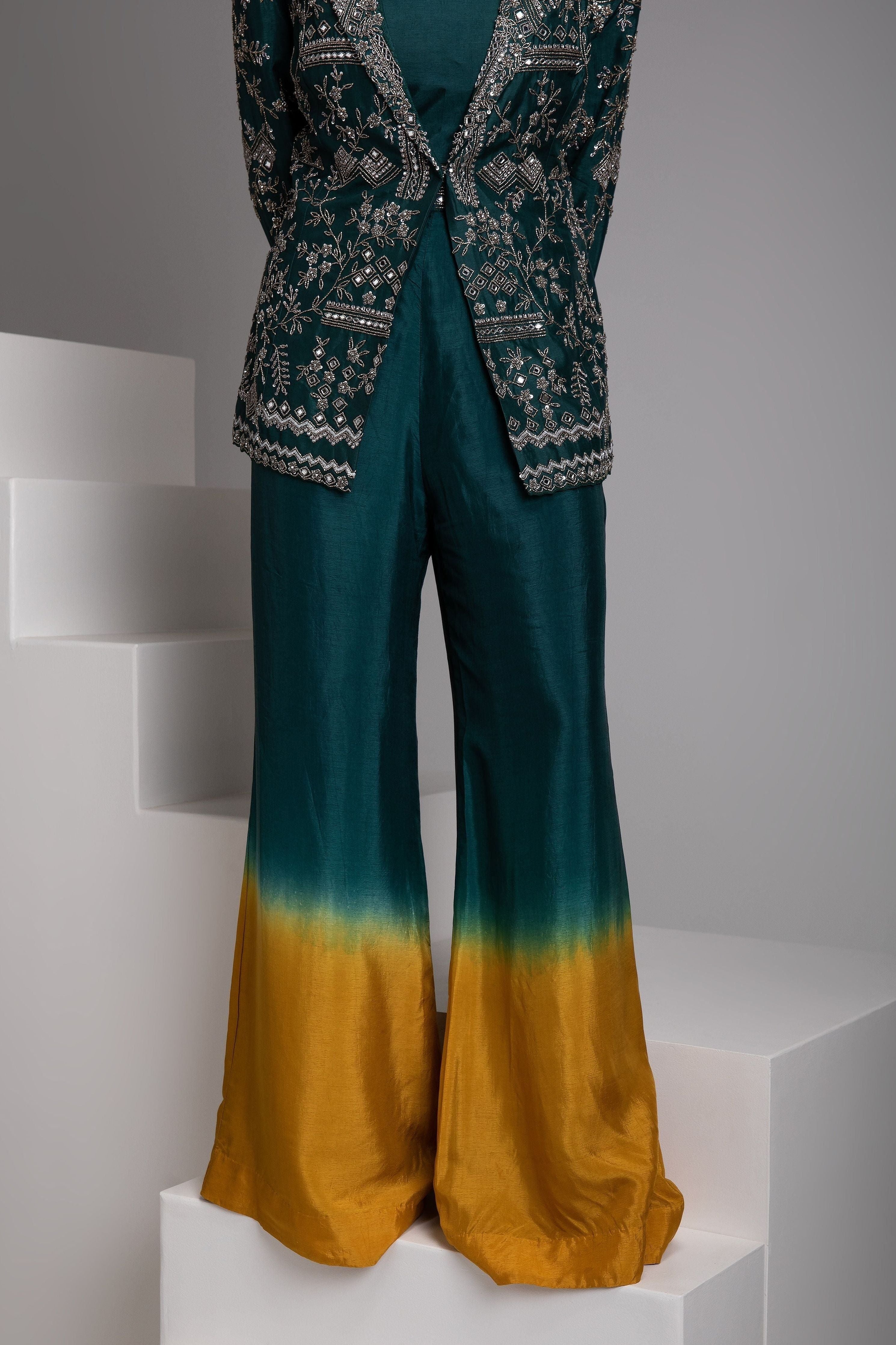 Emerald Green Embroidered Jacket Set with Ombre Pants - Mokshaa