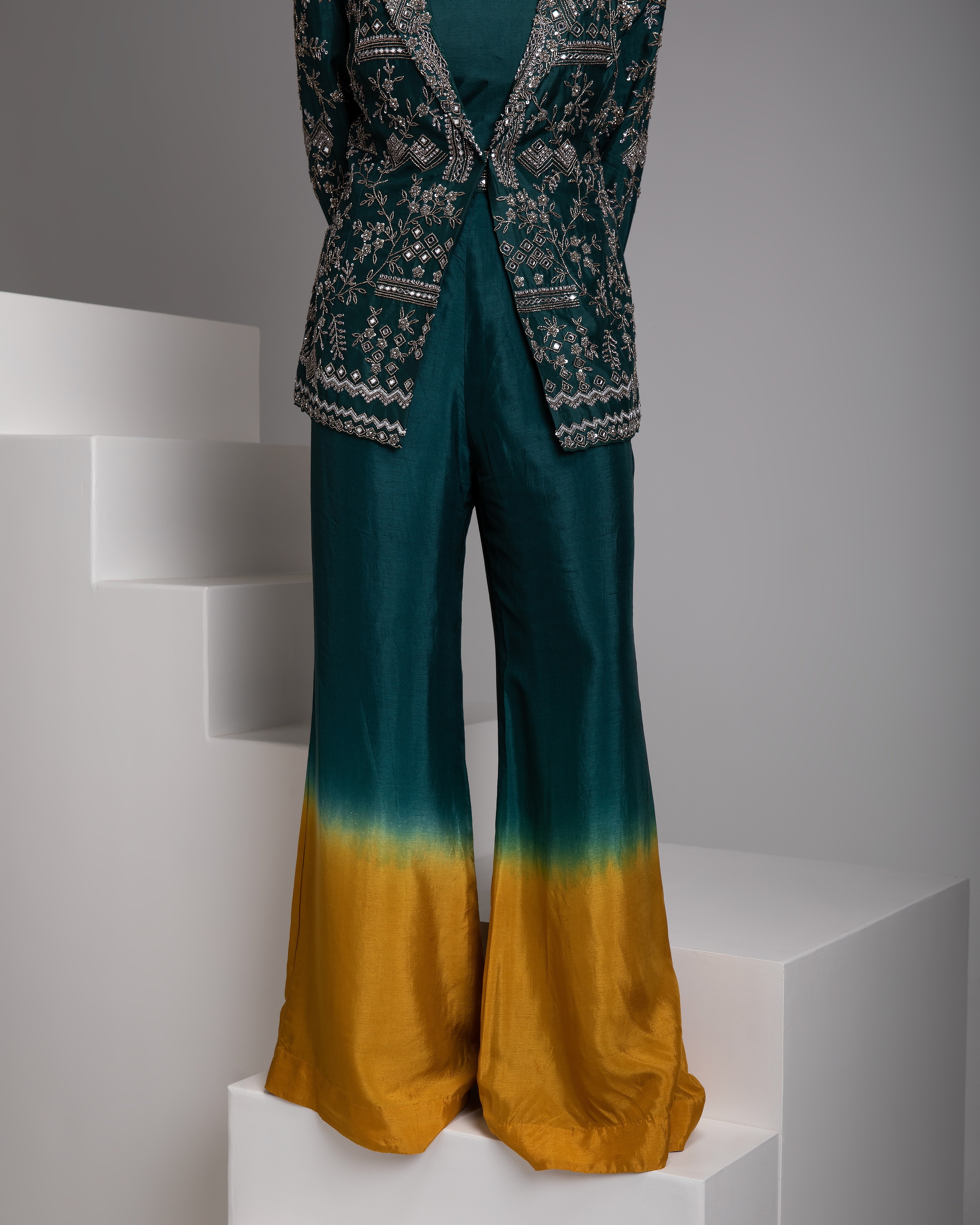 Emerald Green Embroidered Jacket Set with Ombre Pants - Mokshaa