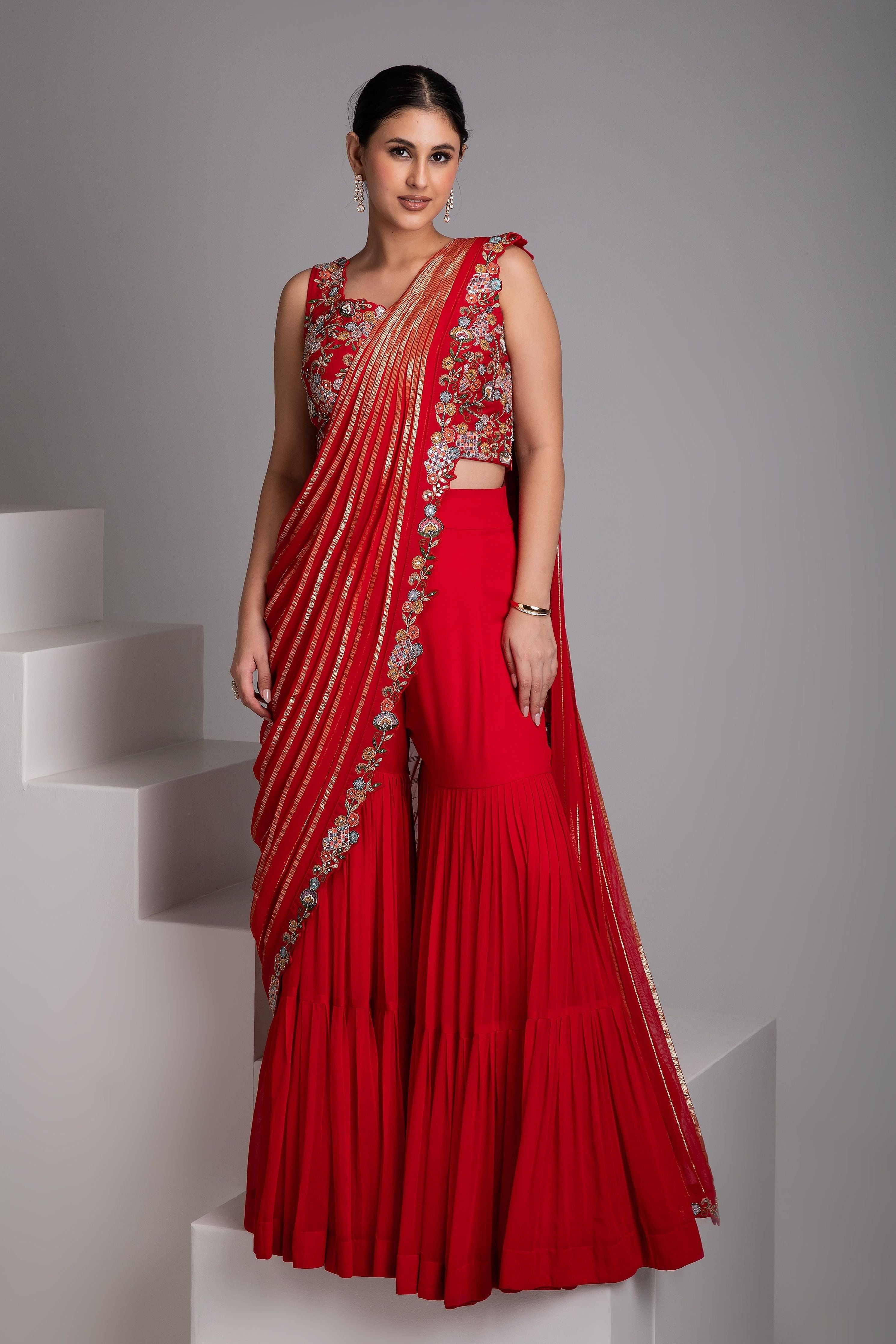 Crimson Red Sharara Set with Draped Dupatta - Mokshaa