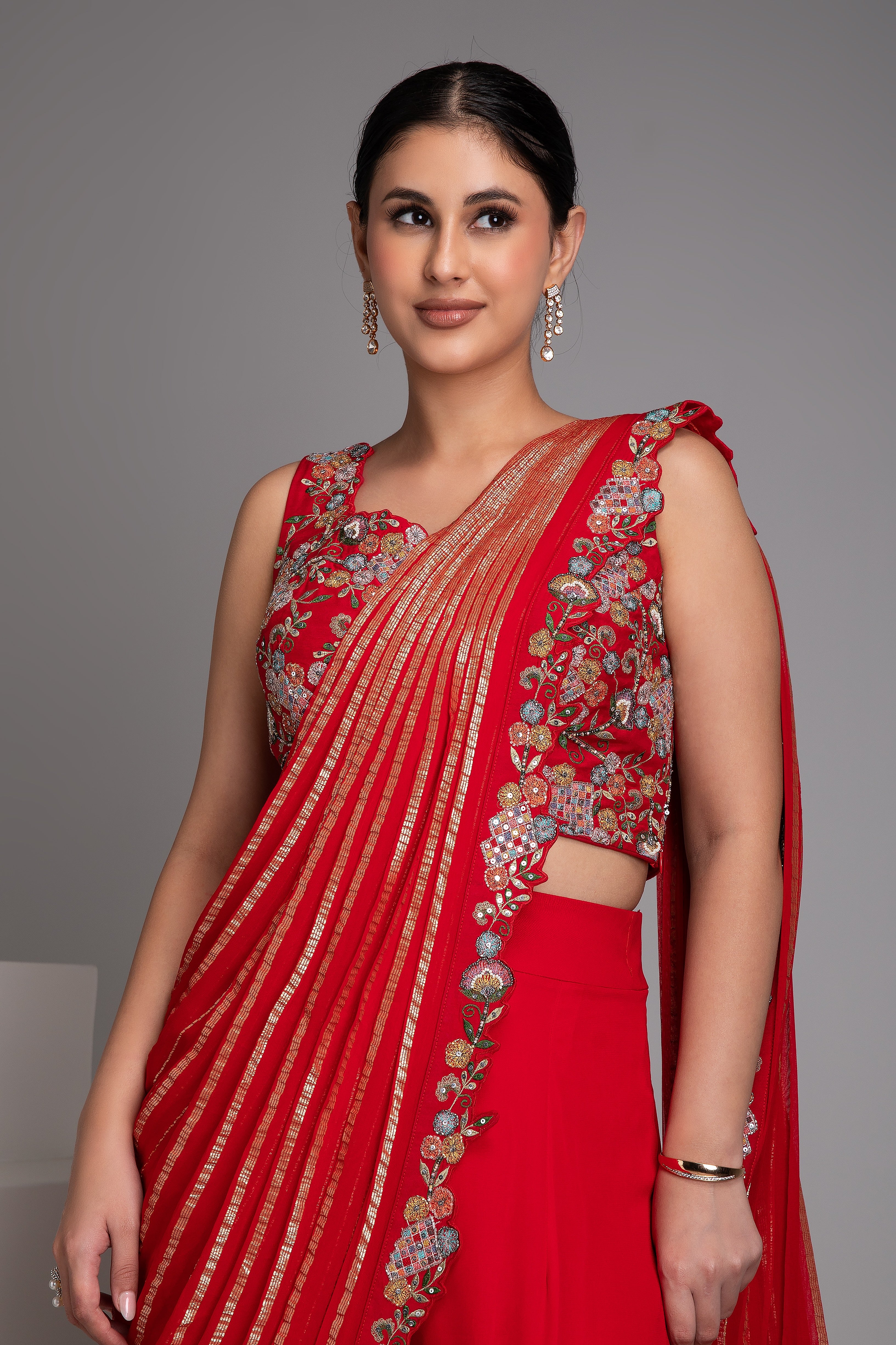 Crimson Red Sharara Set with Draped Dupatta - Mokshaa