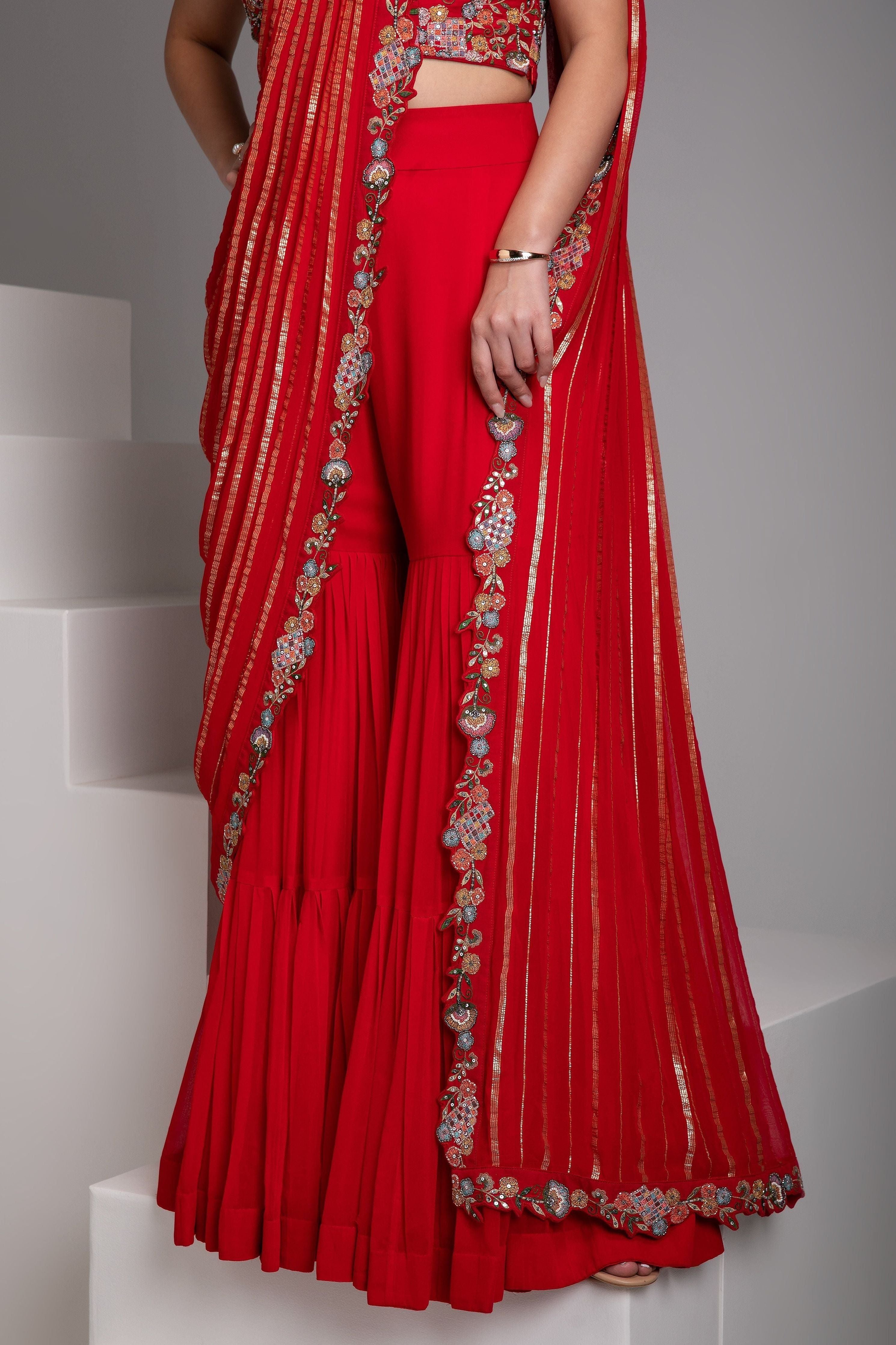 Crimson Red Sharara Set with Draped Dupatta - Mokshaa