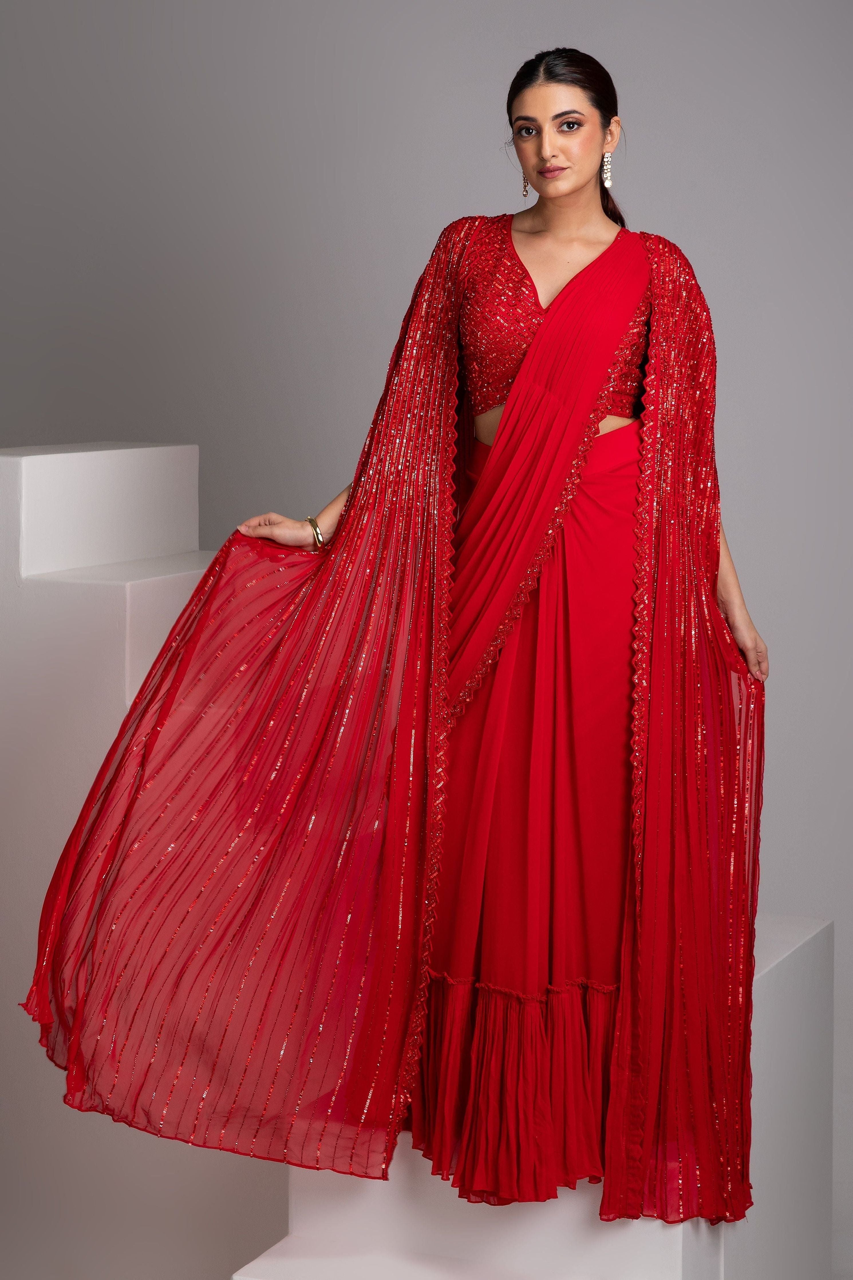 Scarlet Red Drape Saree Set - Mokshaa