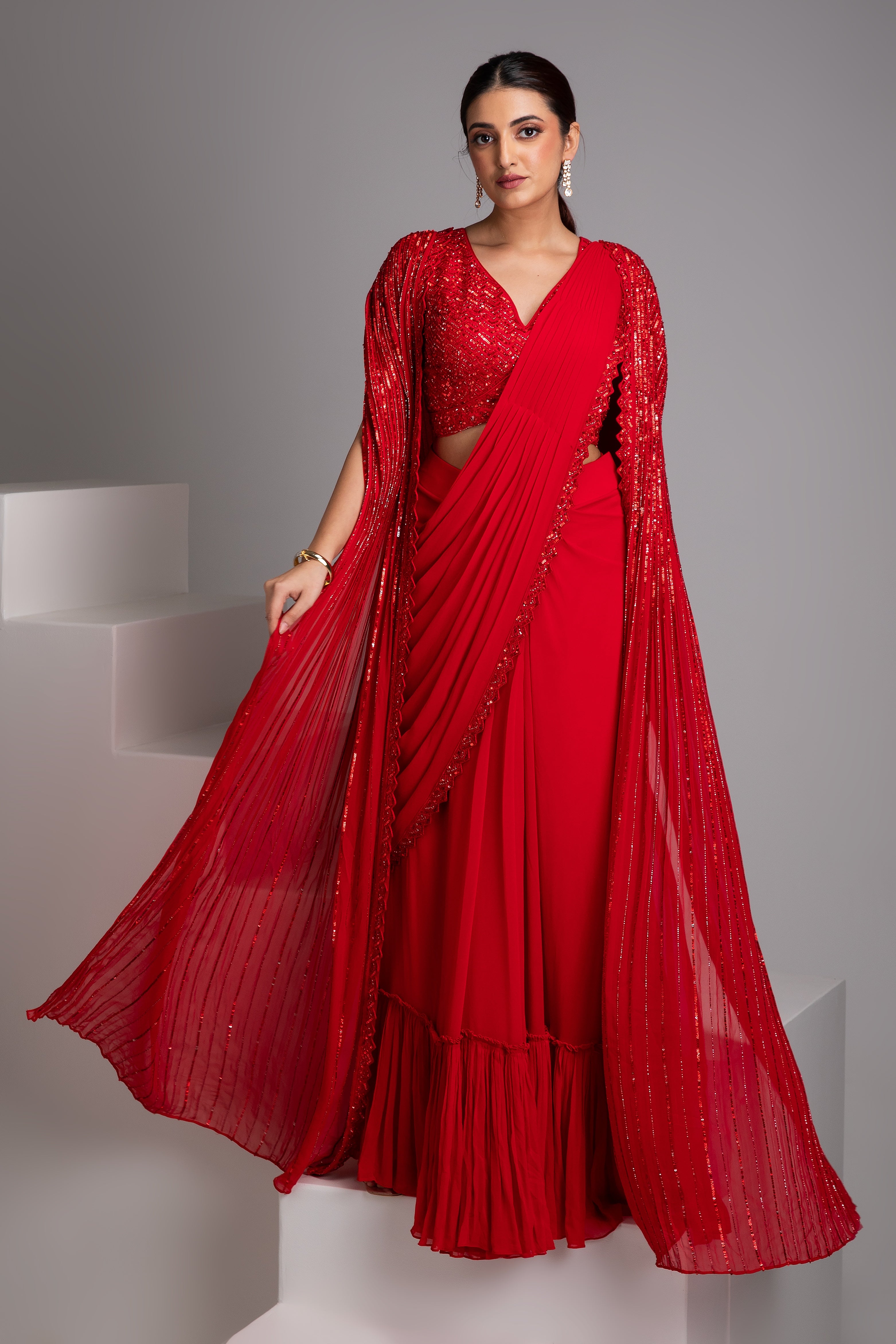 Scarlet Red Drape Saree Set - Mokshaa