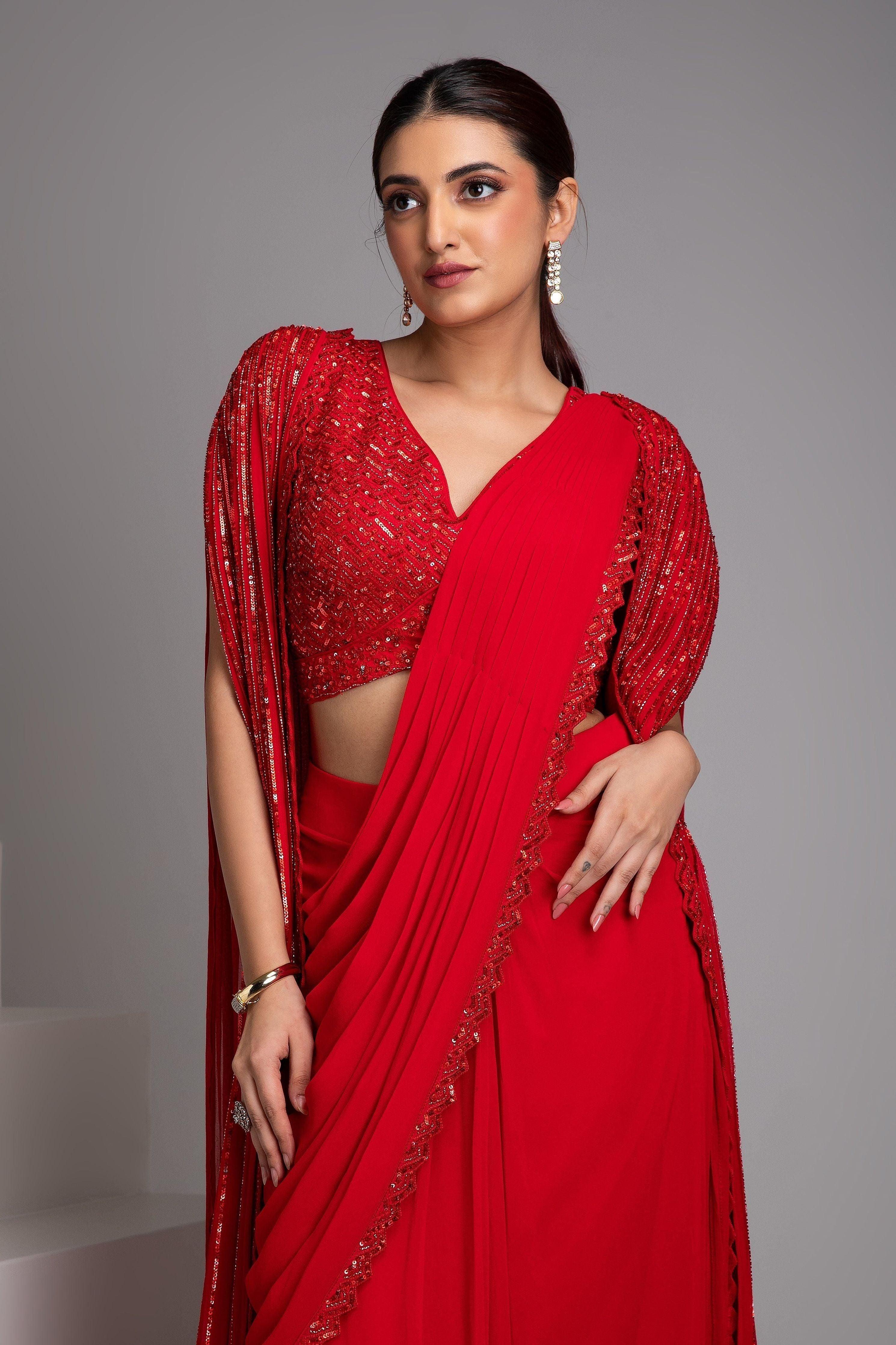 Scarlet Red Drape Saree Set - Mokshaa
