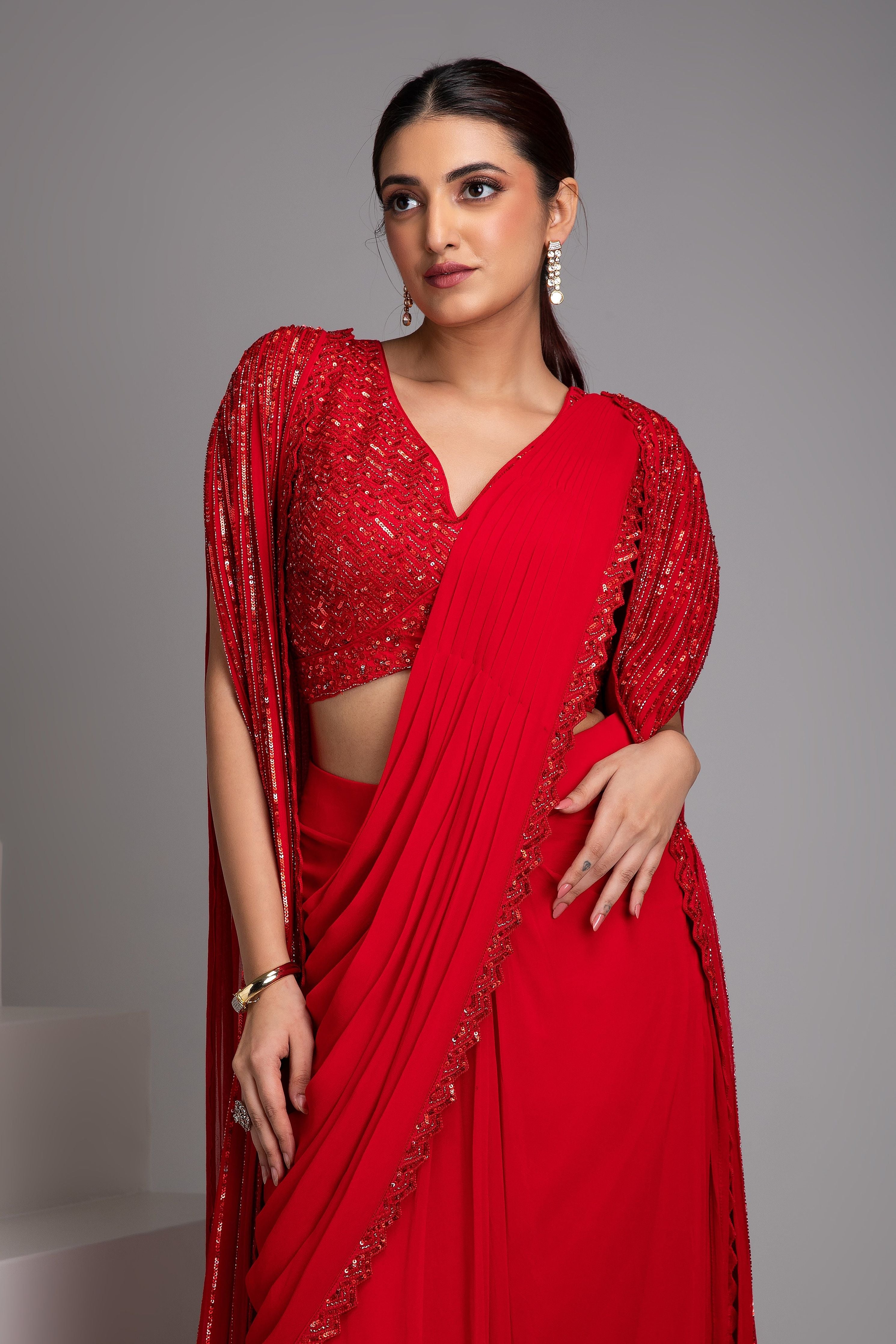 Scarlet Red Drape Saree Set - Mokshaa