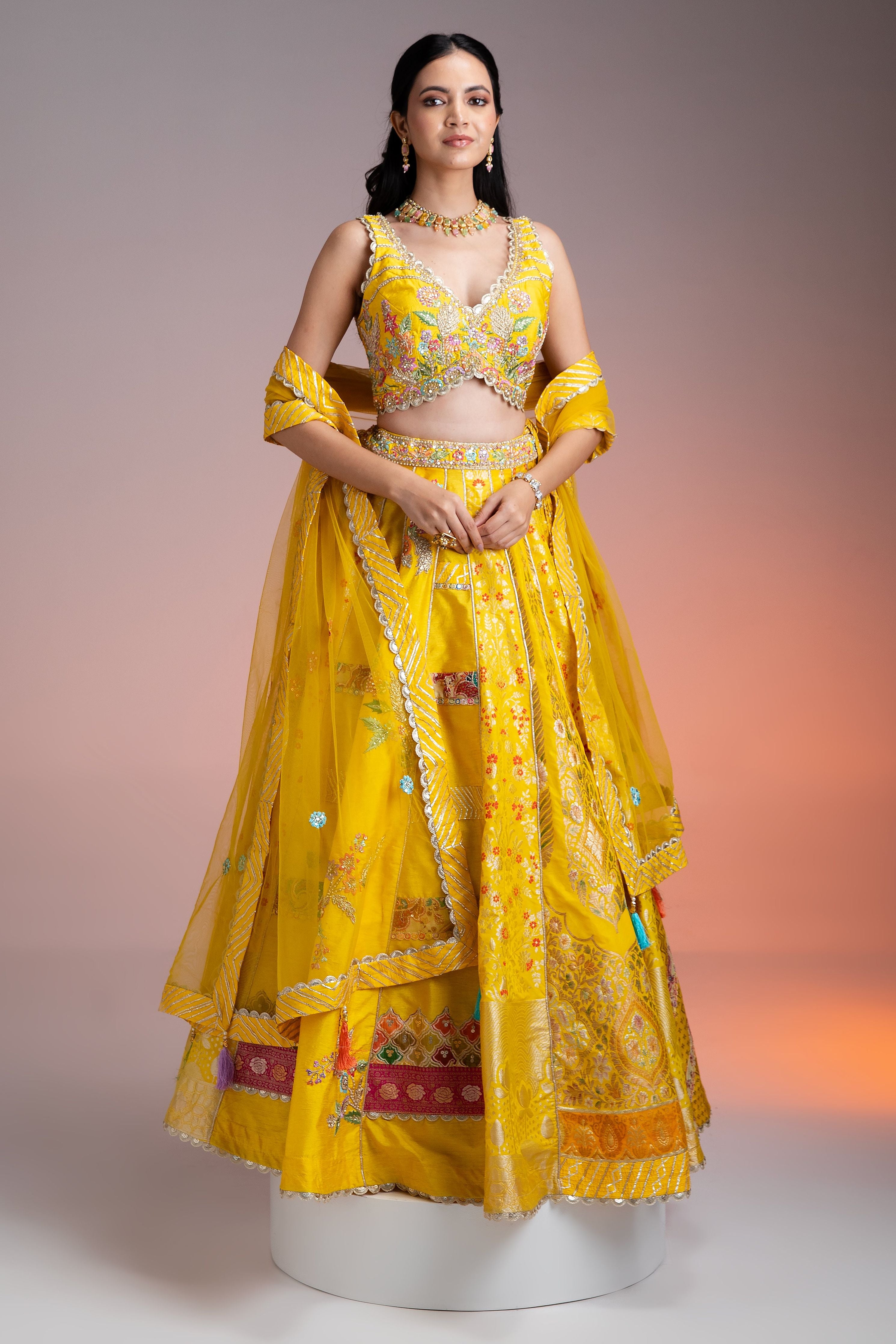 Bright Yellow Silk Lehenga with Multicolor Floral Threadwork and Net Dupatta  Mokshaa