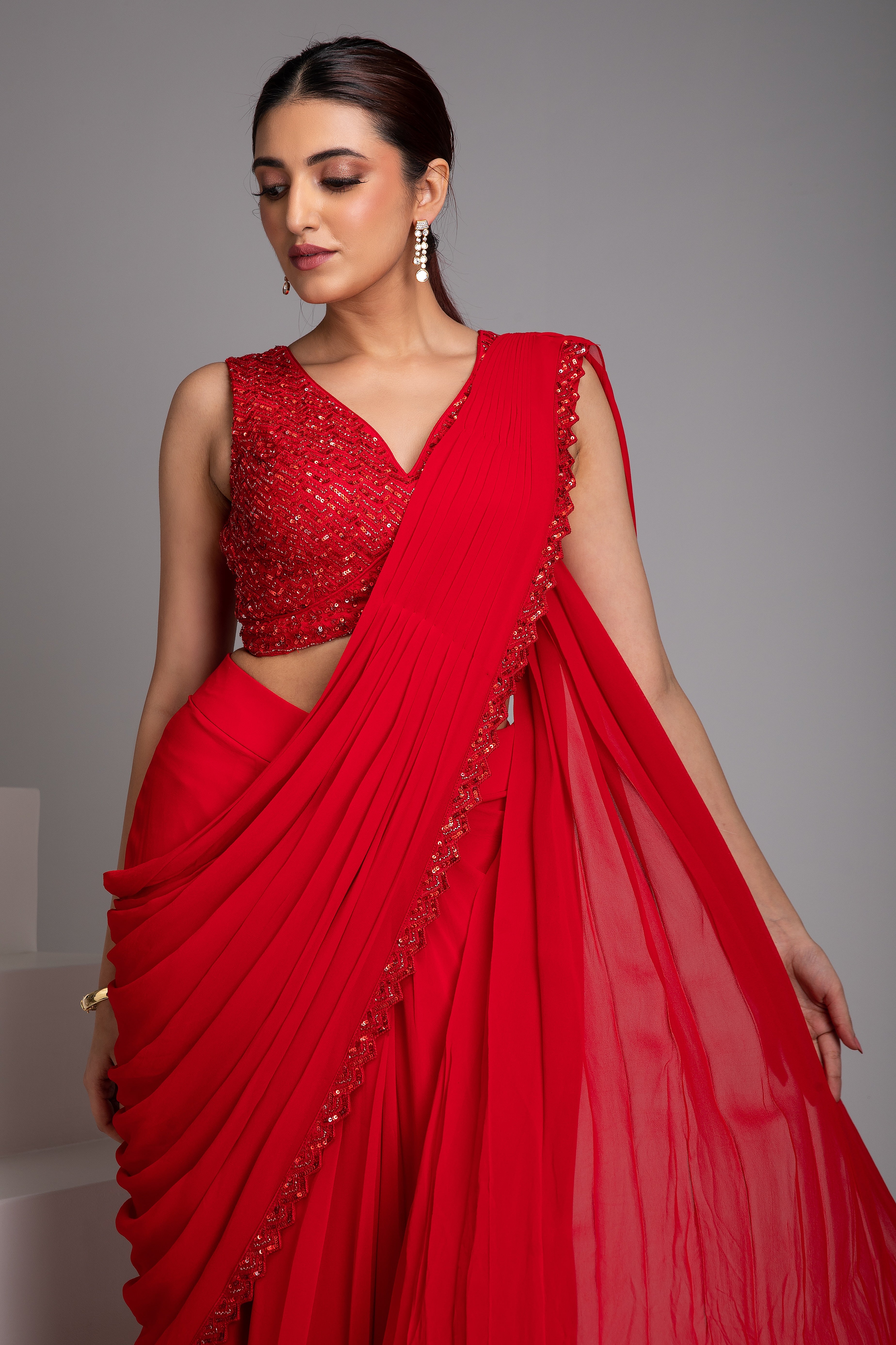 Scarlet Red Drape Saree Set - Mokshaa