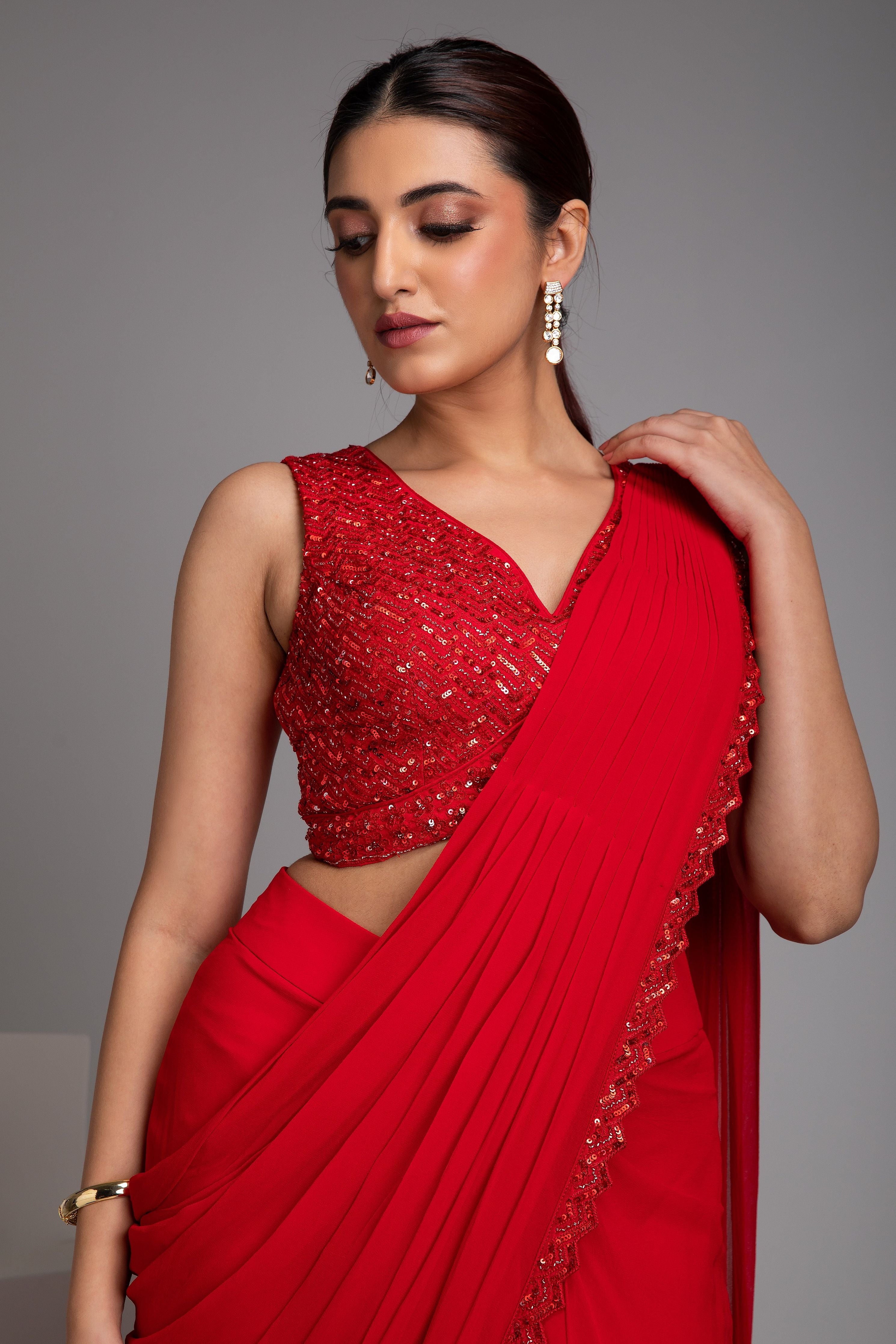 Scarlet Red Drape Saree Set - Mokshaa