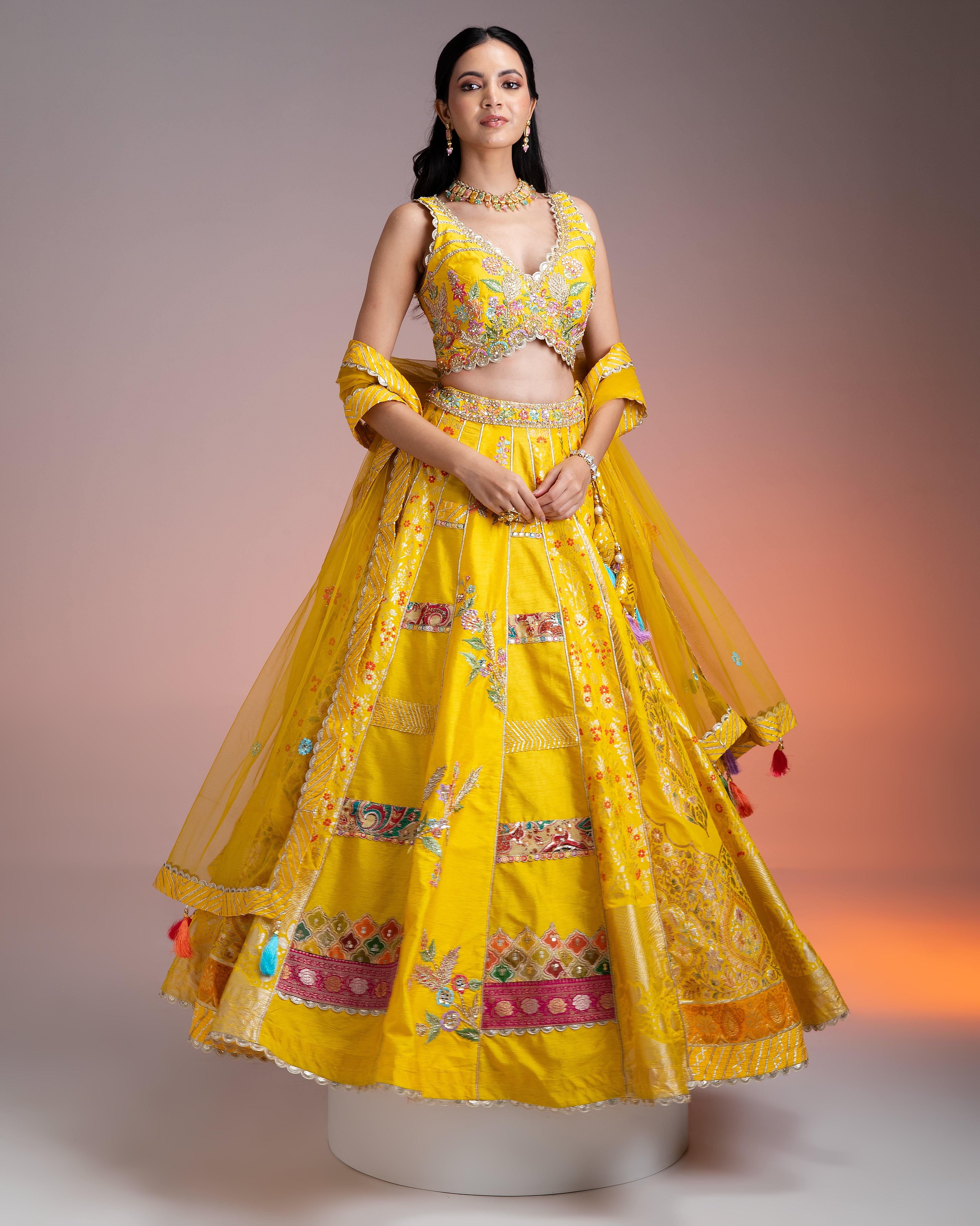 Bright Yellow Silk Lehenga with Multicolor Floral Threadwork and Net Dupatta  Mokshaa