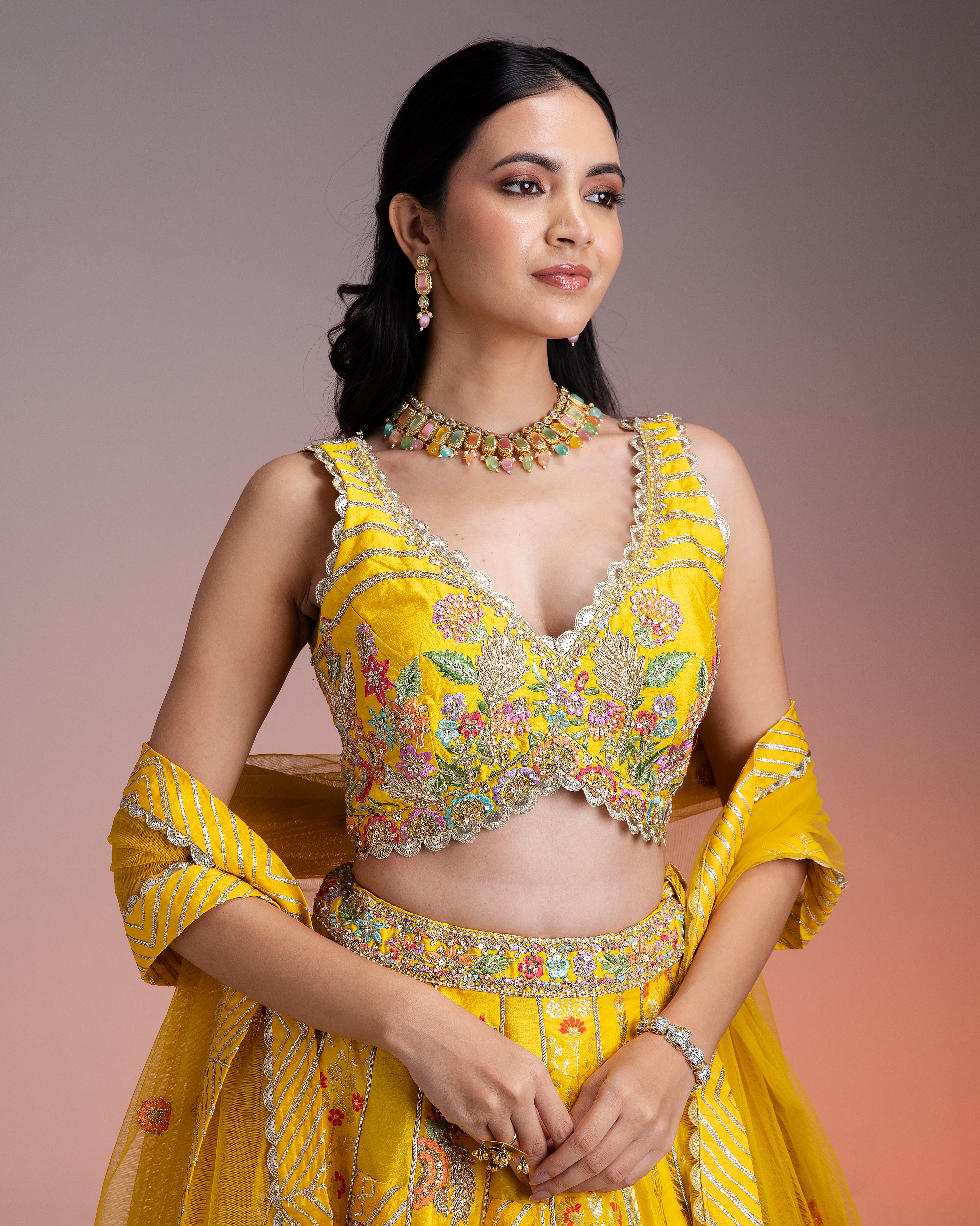 Bright Yellow Silk Lehenga with Multicolor Floral Threadwork and Net Dupatta聽 Mokshaa