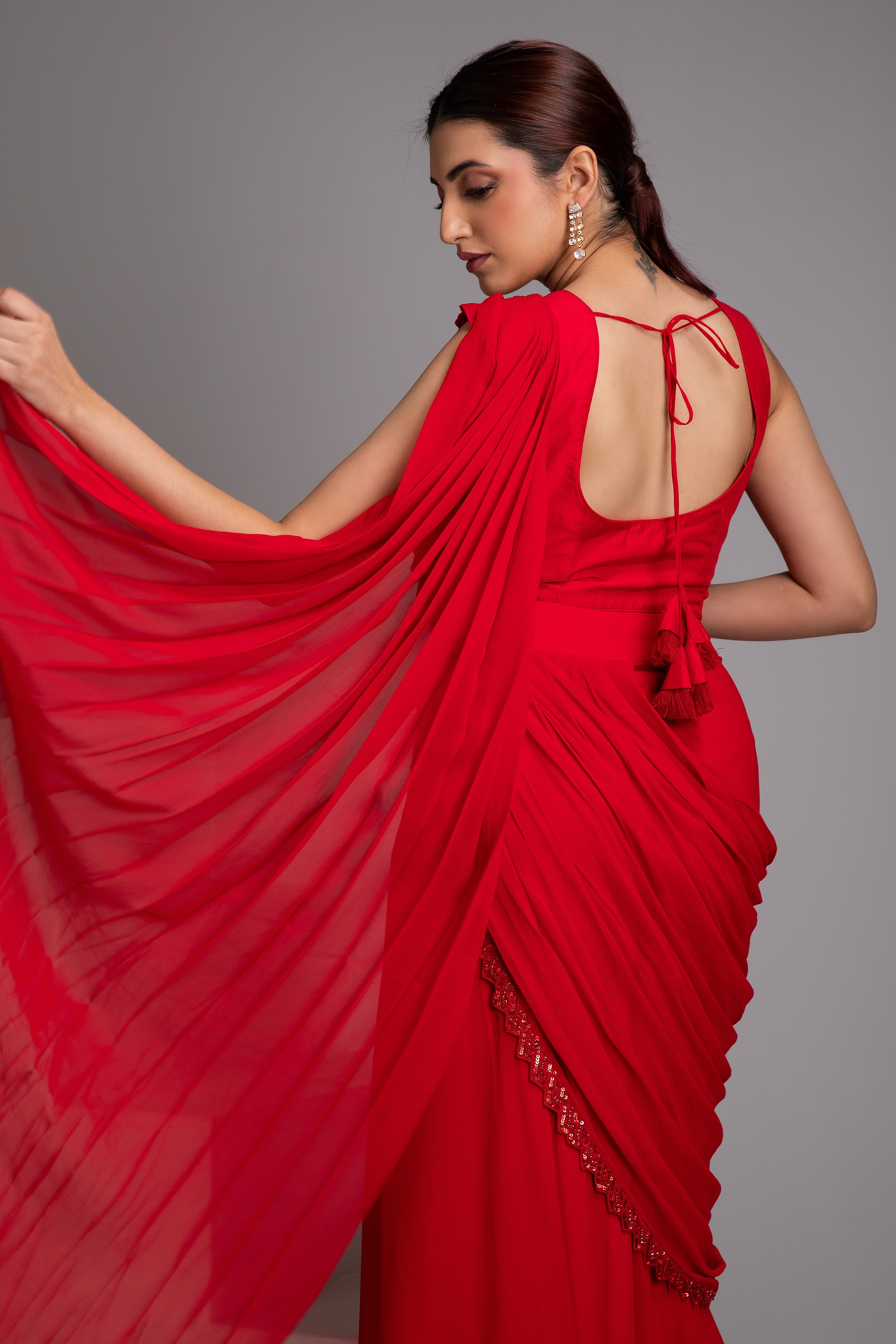 Scarlet Red Drape Saree Set - Mokshaa