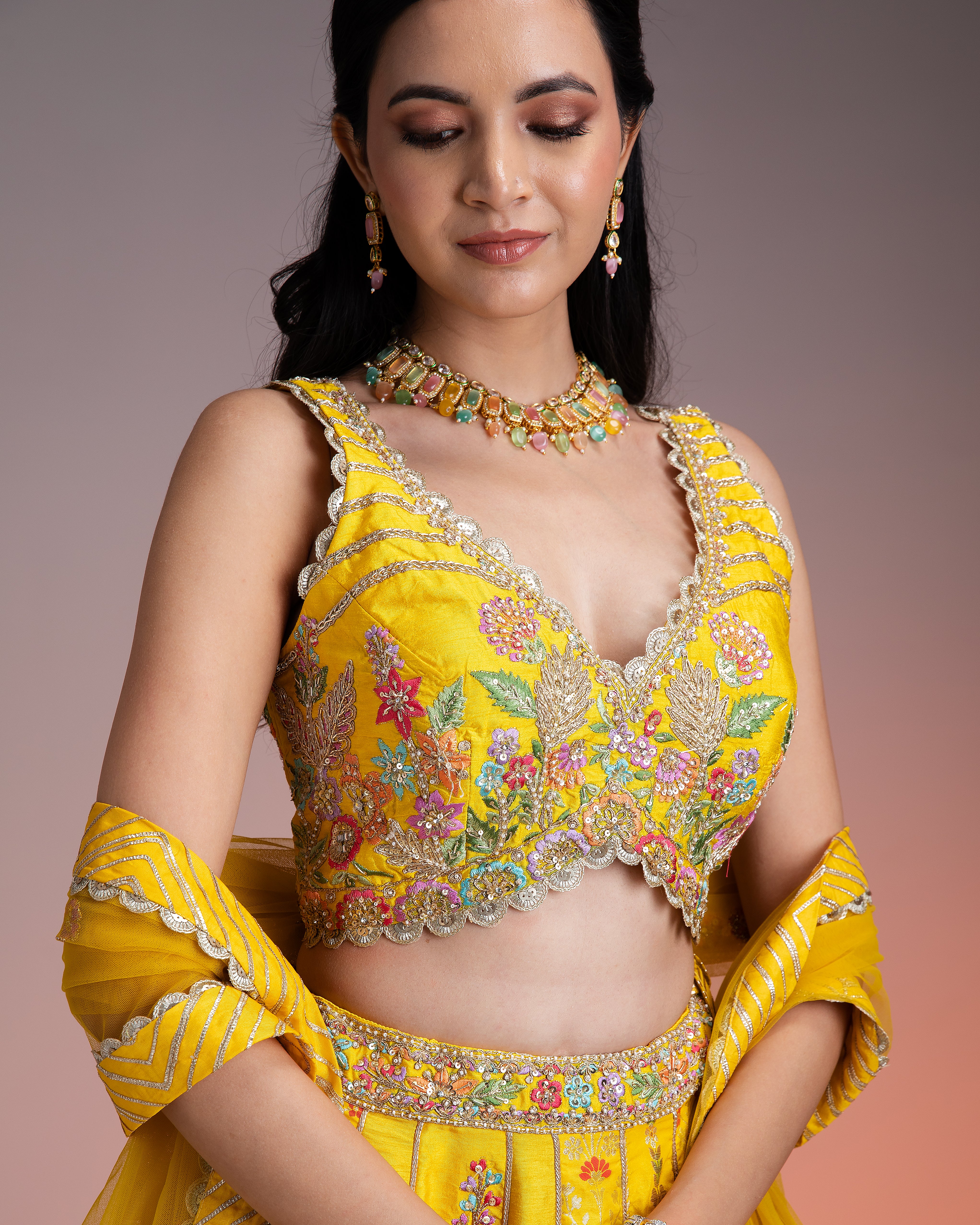 Bright Yellow Silk Lehenga with Multicolor Floral Threadwork and Net Dupatta聽 Mokshaa