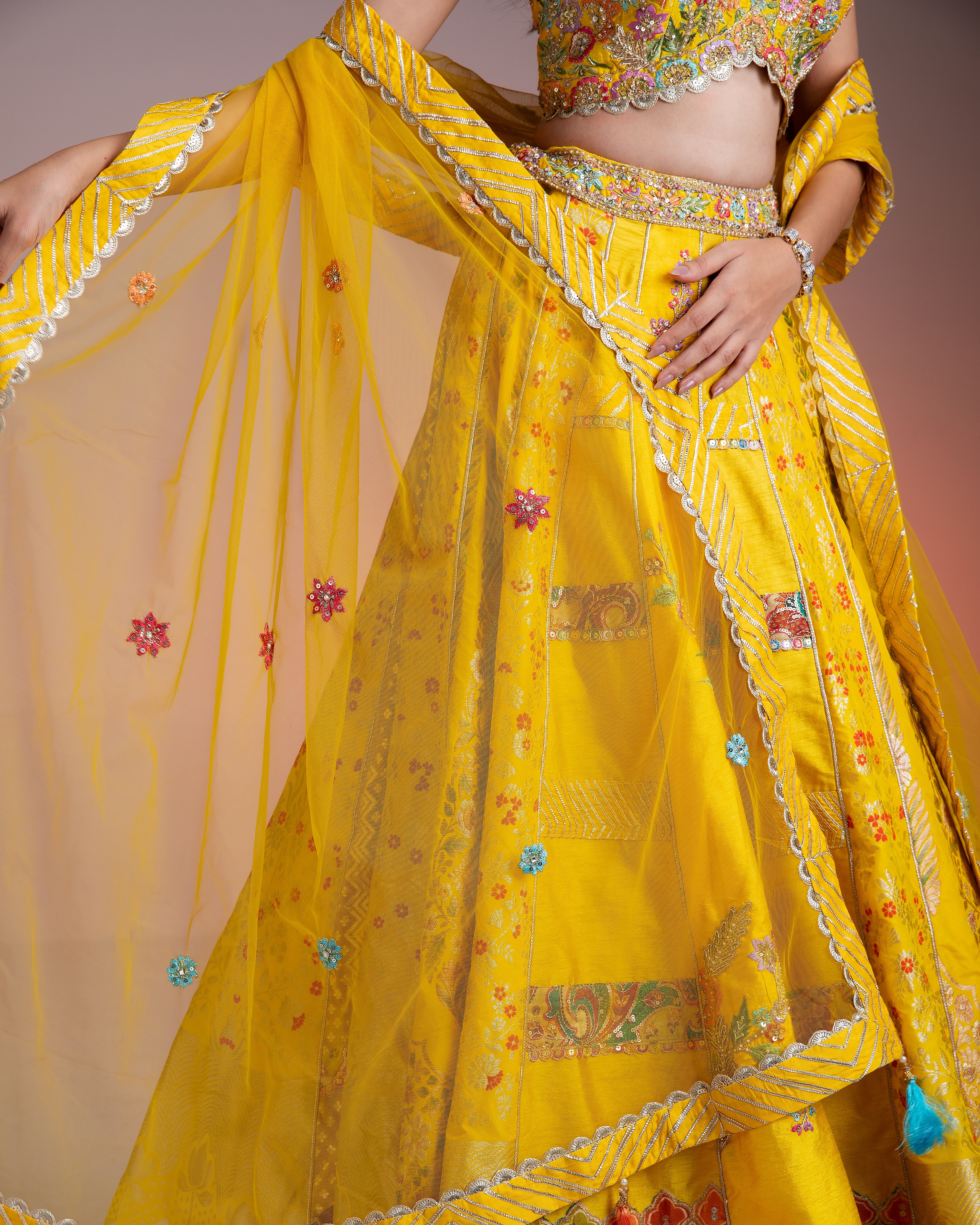 Bright Yellow Silk Lehenga with Multicolor Floral Threadwork and Net Dupatta聽 Mokshaa