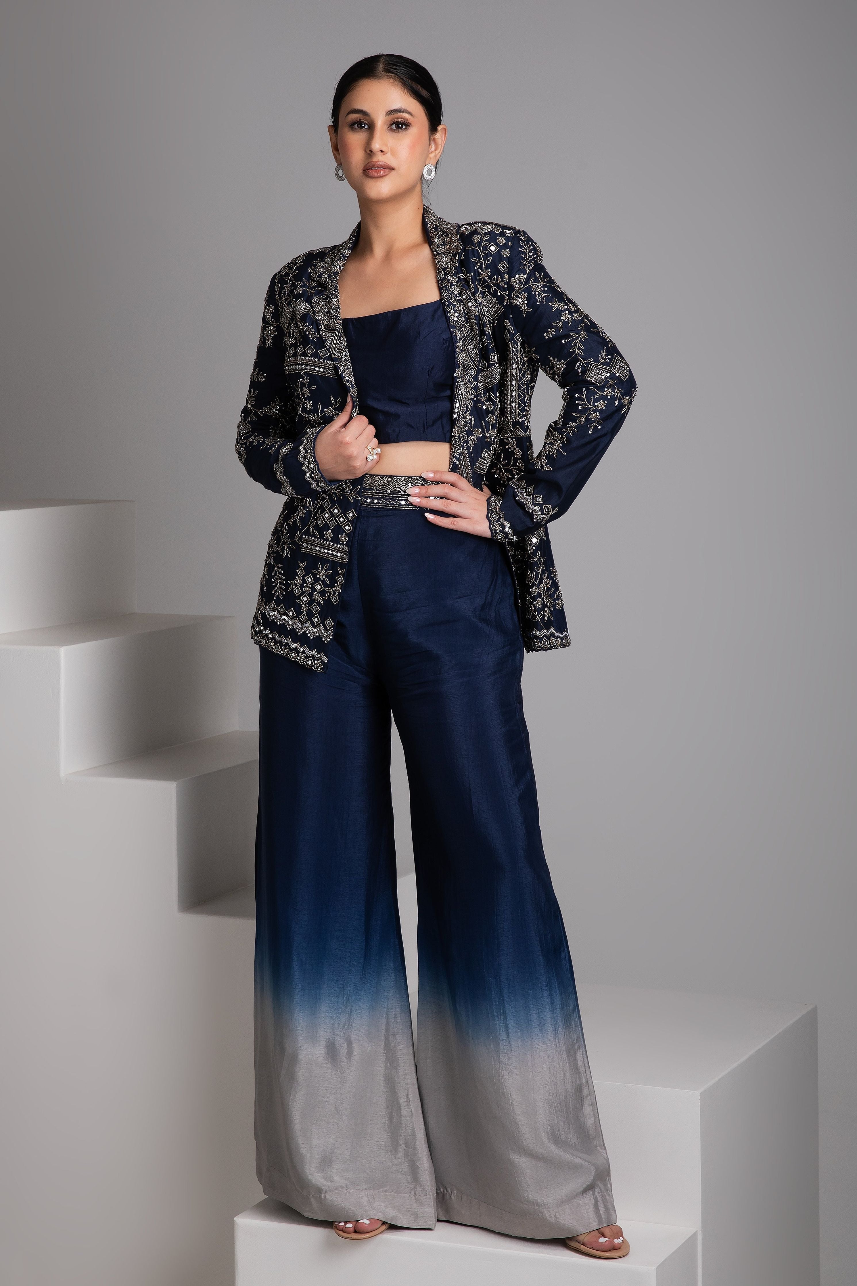 Blue Embroidered Jacket Set with Ombre Pants - Mokshaa