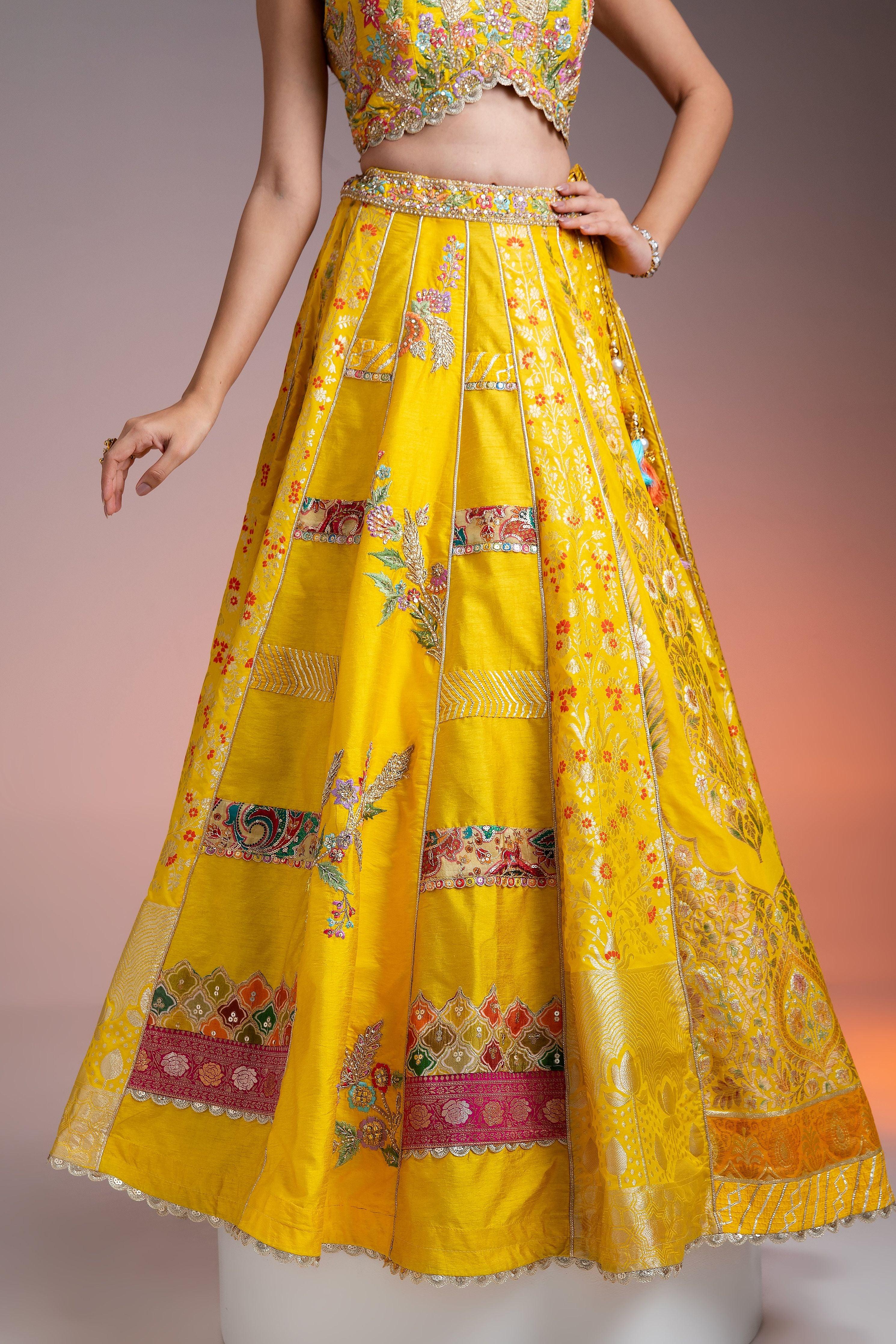 Bright Yellow Silk Lehenga with Multicolor Floral Threadwork and Net Dupatta  Mokshaa